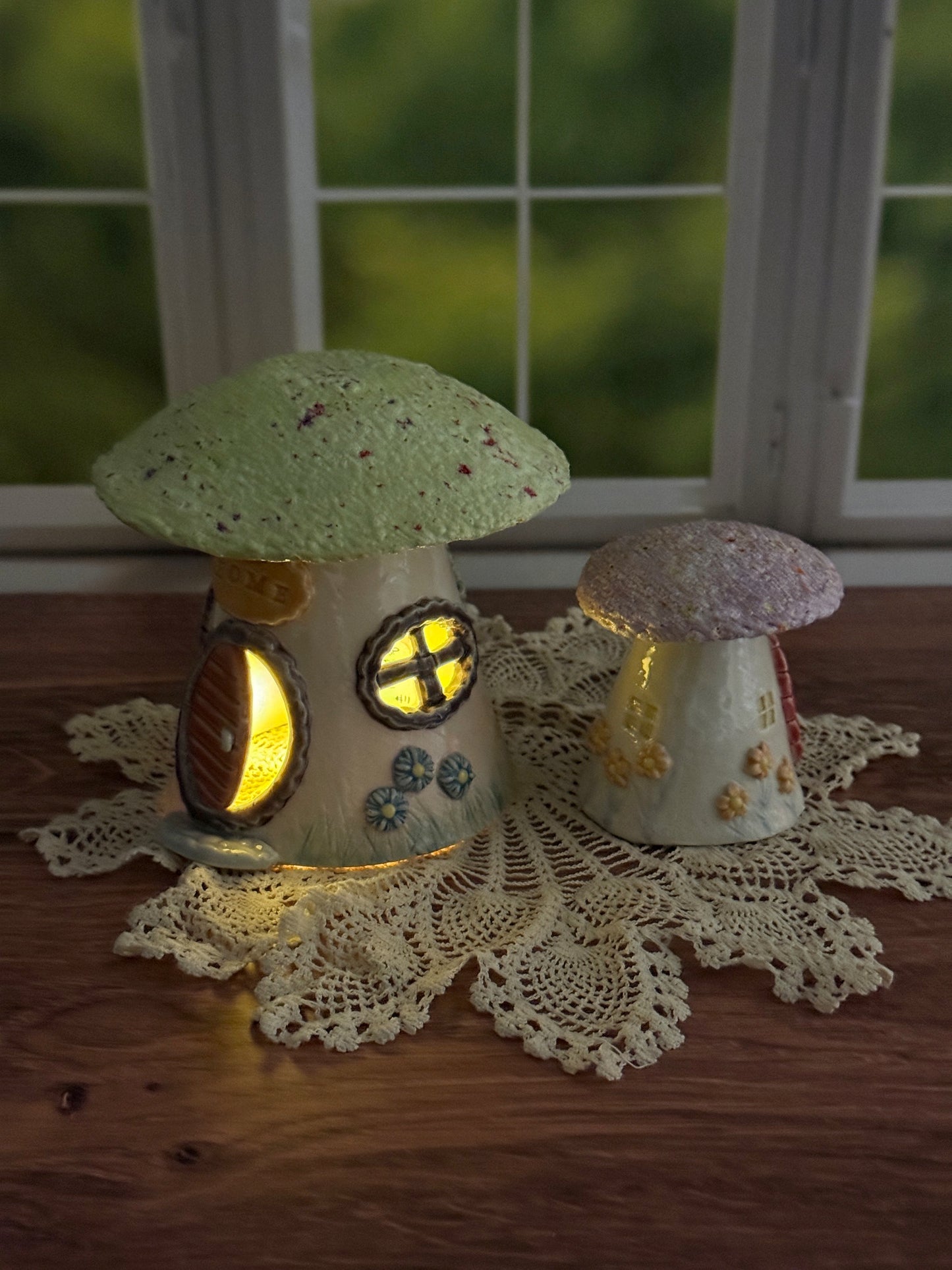 Miniature Green and Purple Roofed Mushroom Houses