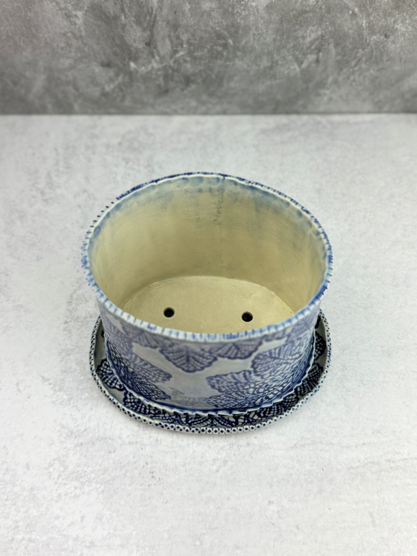 Large Slab-built Oval Sky Blue Glazed Planter With Lace Doily design (Copy)