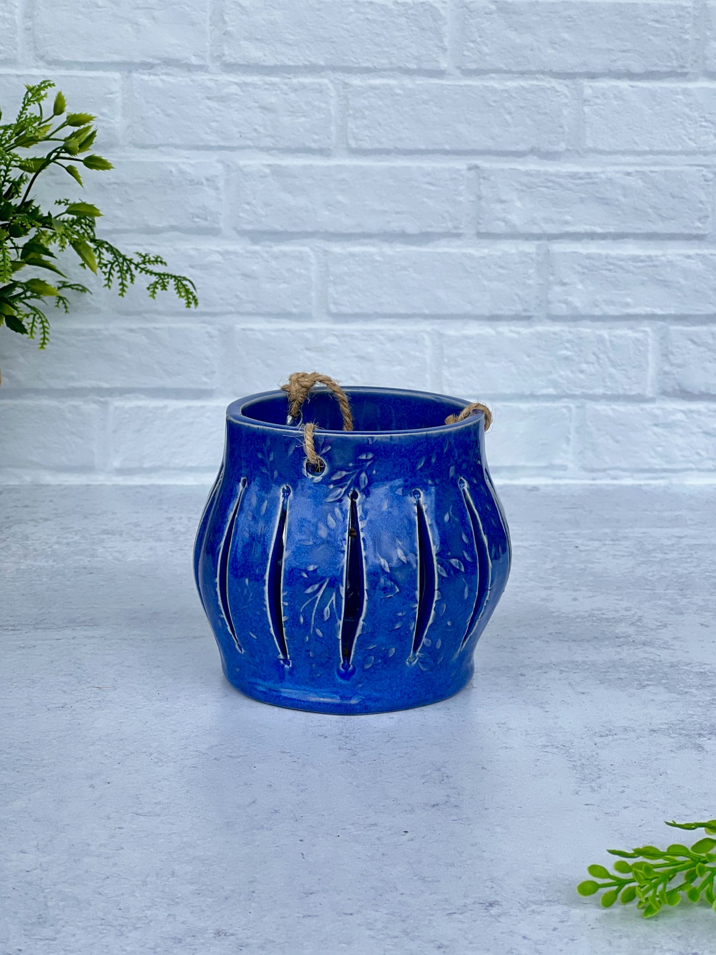 Ceramic Textured Lantern with Indigo Float Glaze