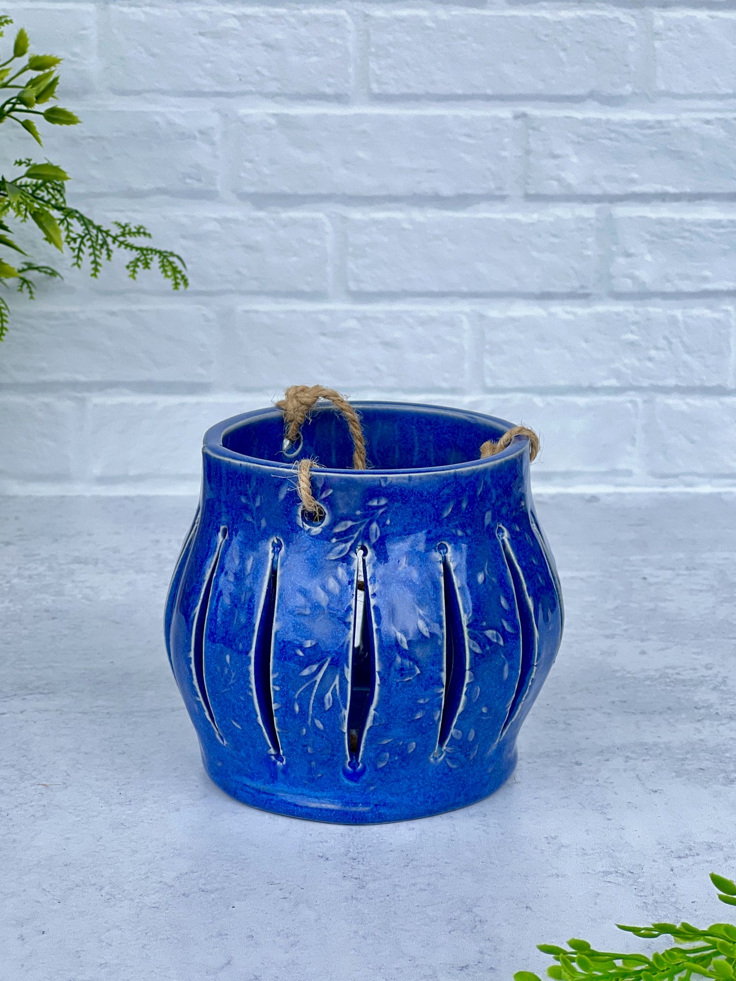 Ceramic Textured Lantern with Indigo Float Glaze
