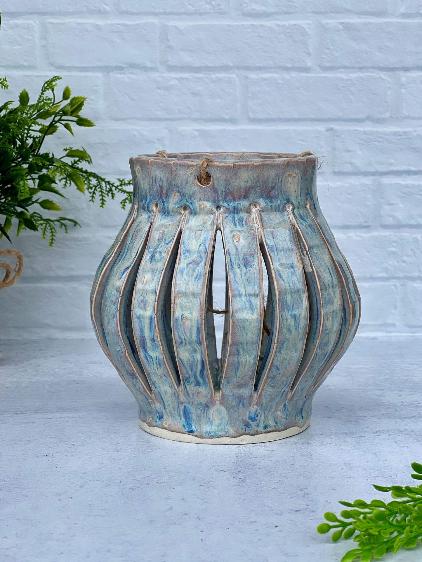 Large Ceramic Lantern with a Creamy Light Blue Glaze