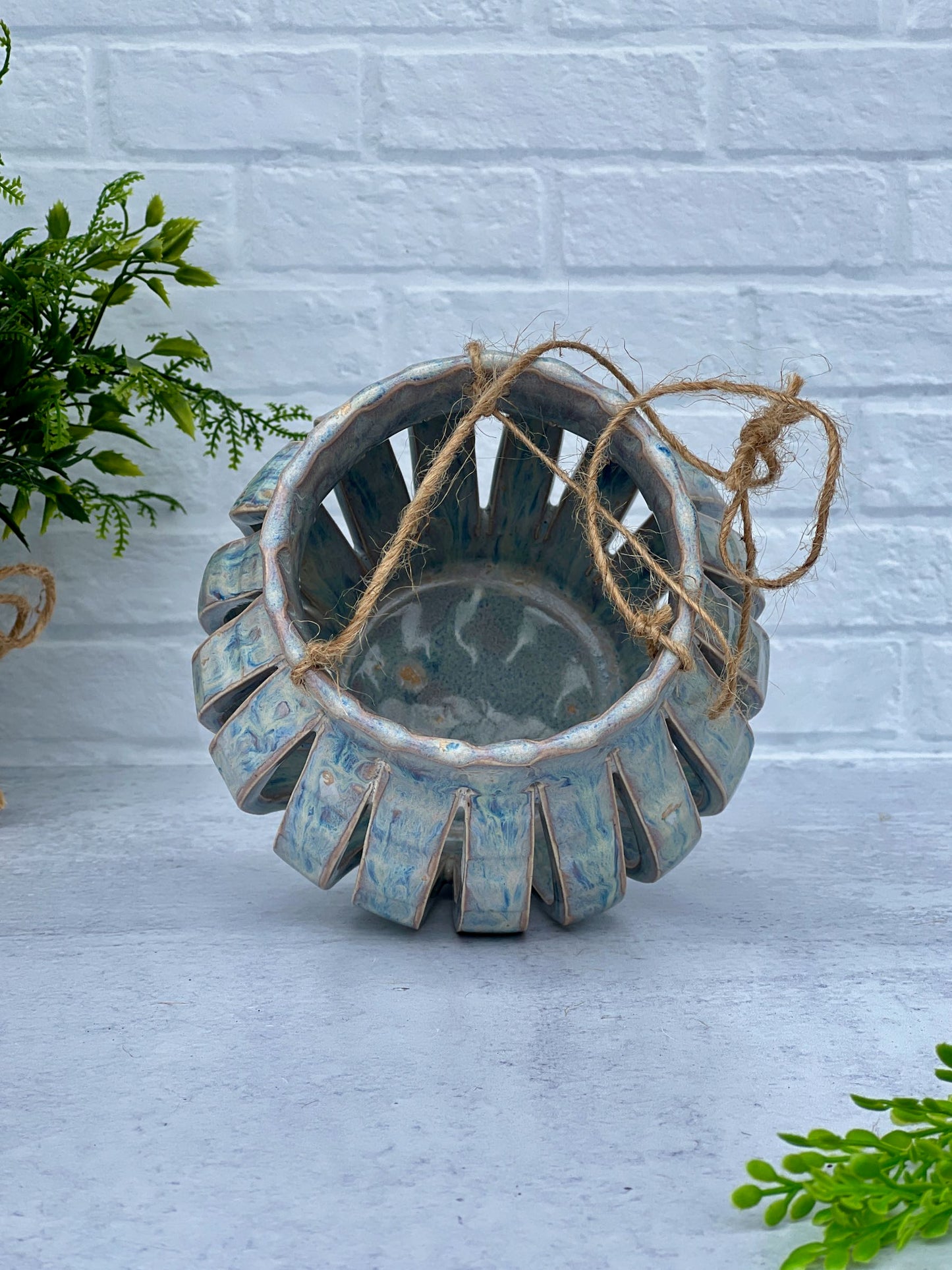 Large Ceramic Lantern with a Creamy Light Blue Glaze