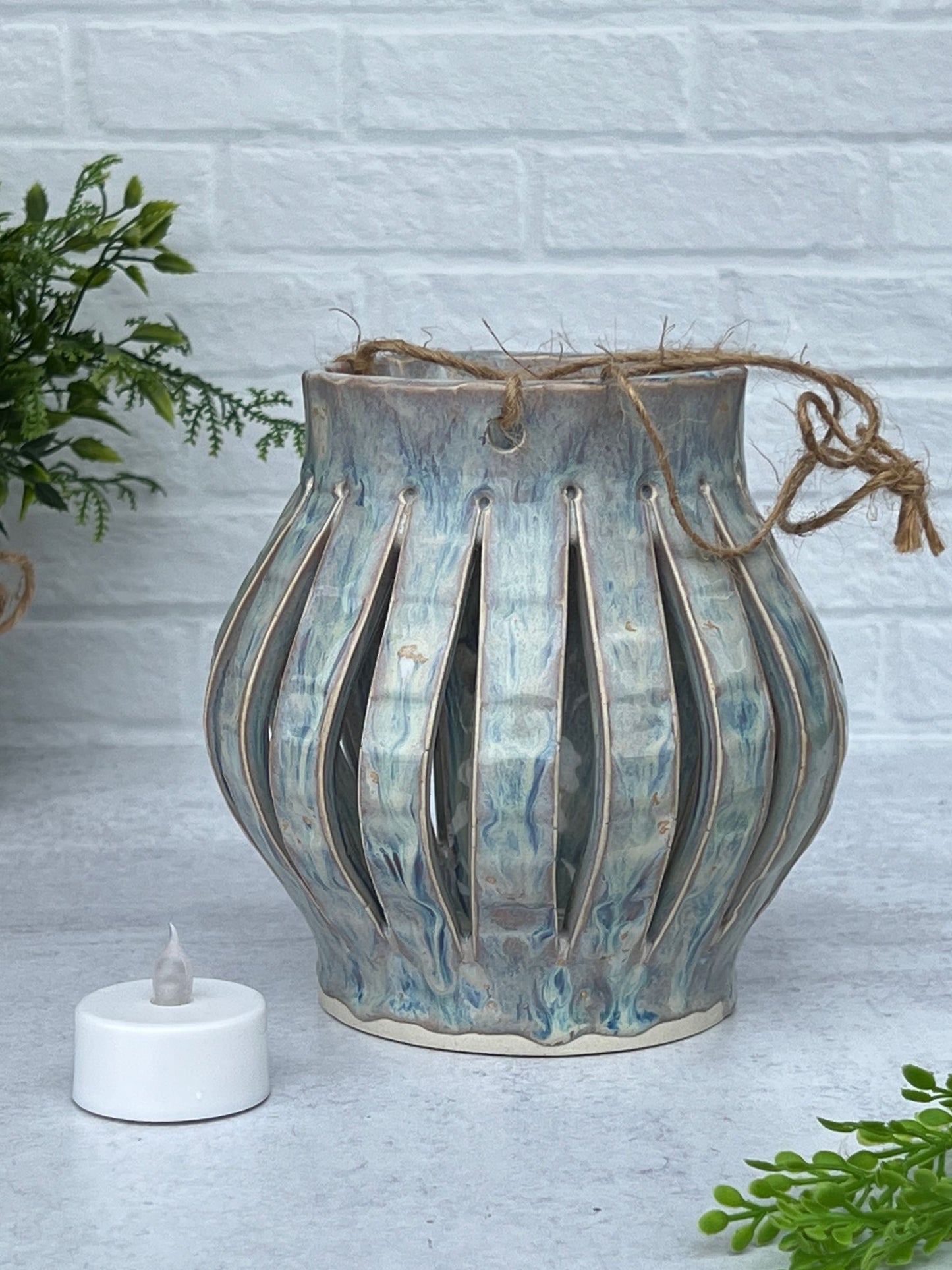 Large Ceramic Lantern with a Creamy Light Blue Glaze