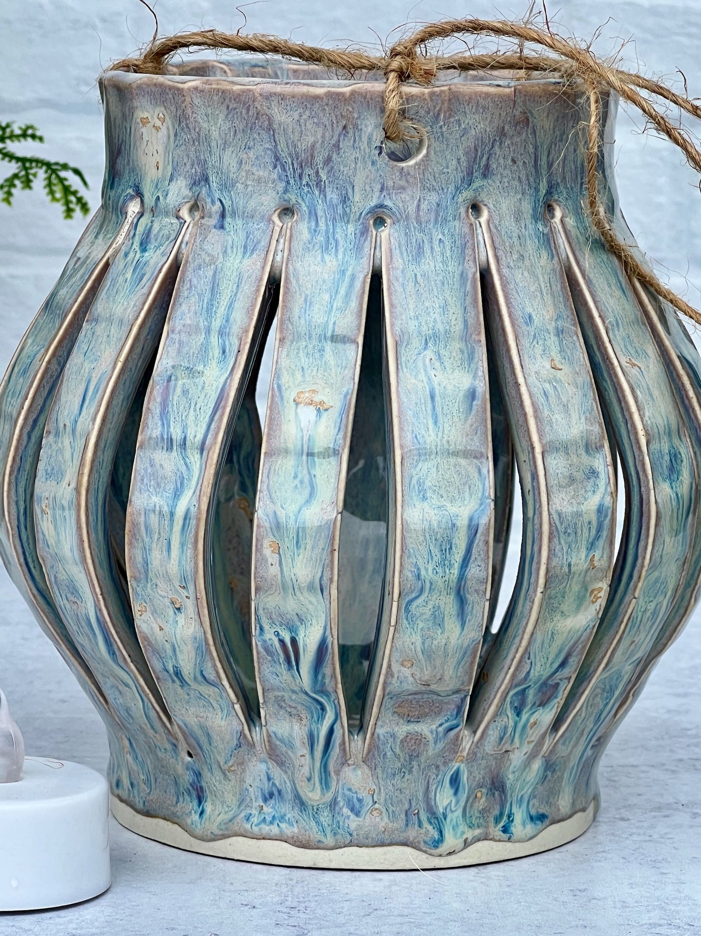 Large Ceramic Lantern with a Creamy Light Blue Glaze