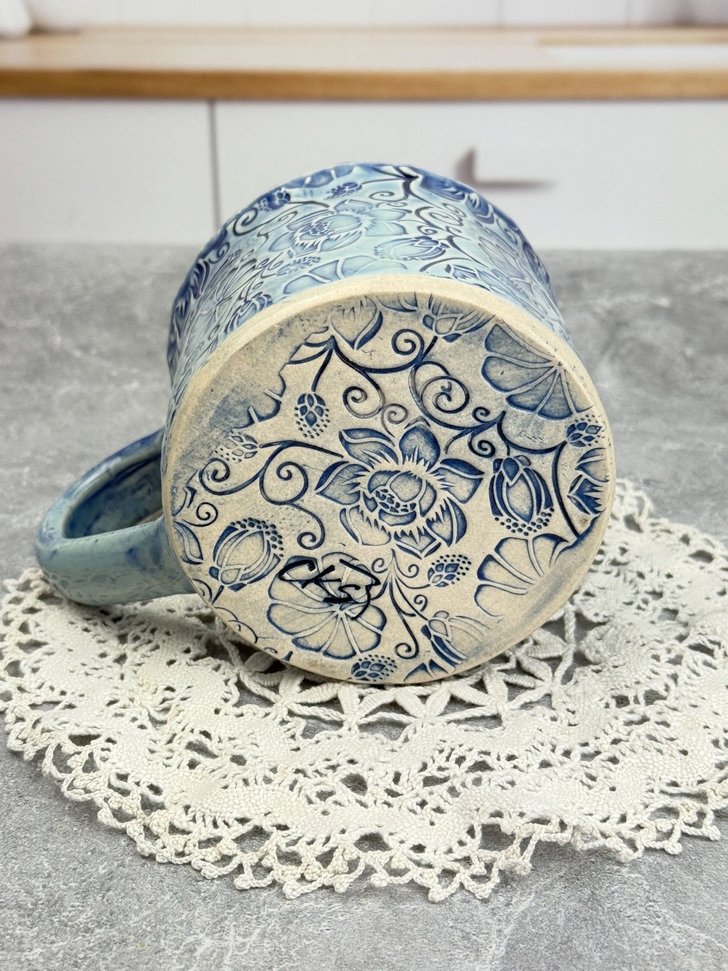 Blue Ceramic Stoneware Mug with Flower Design