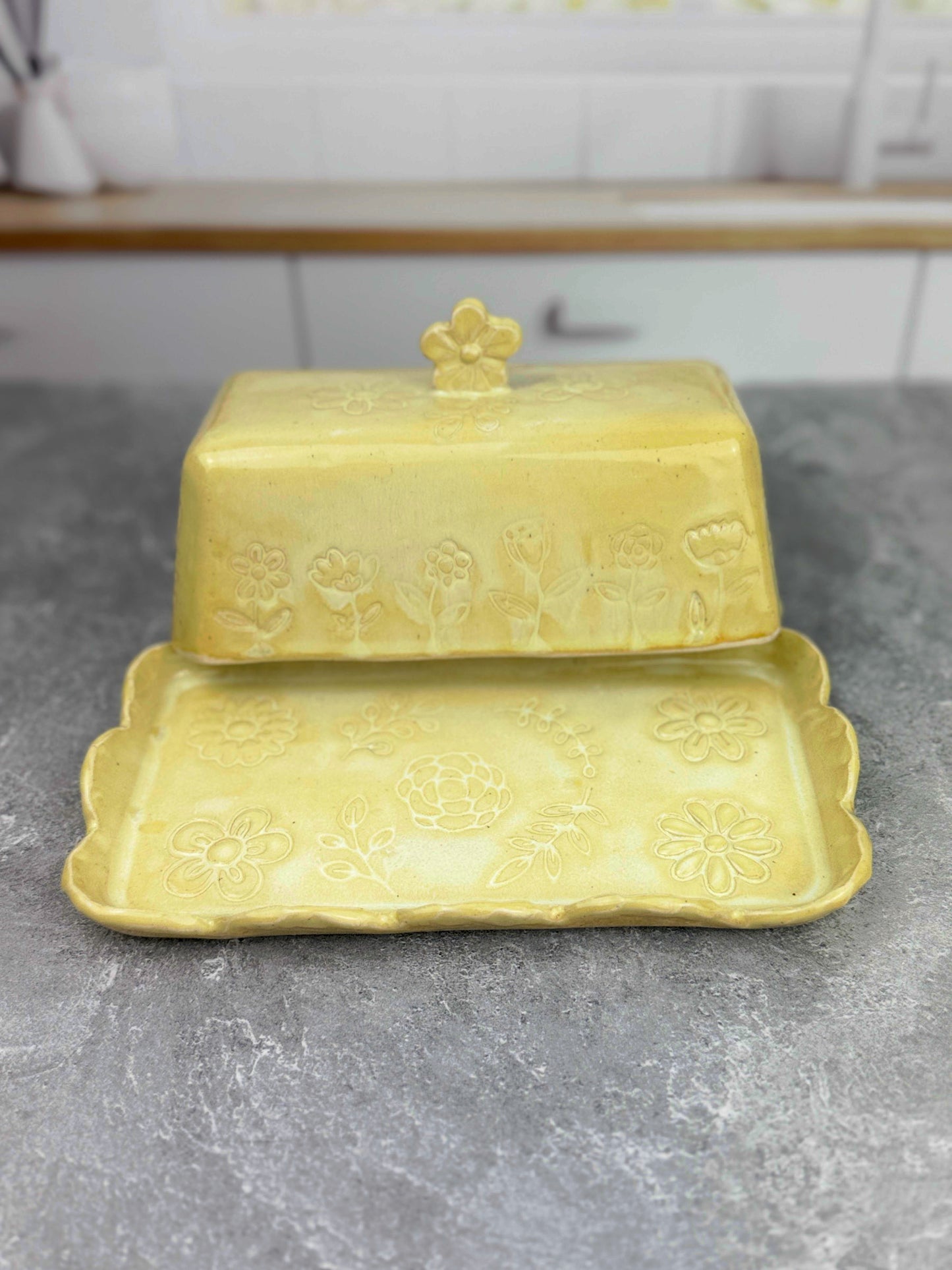 Soft Yellow Ceramic Stoneware Flower Textured Butter Dish