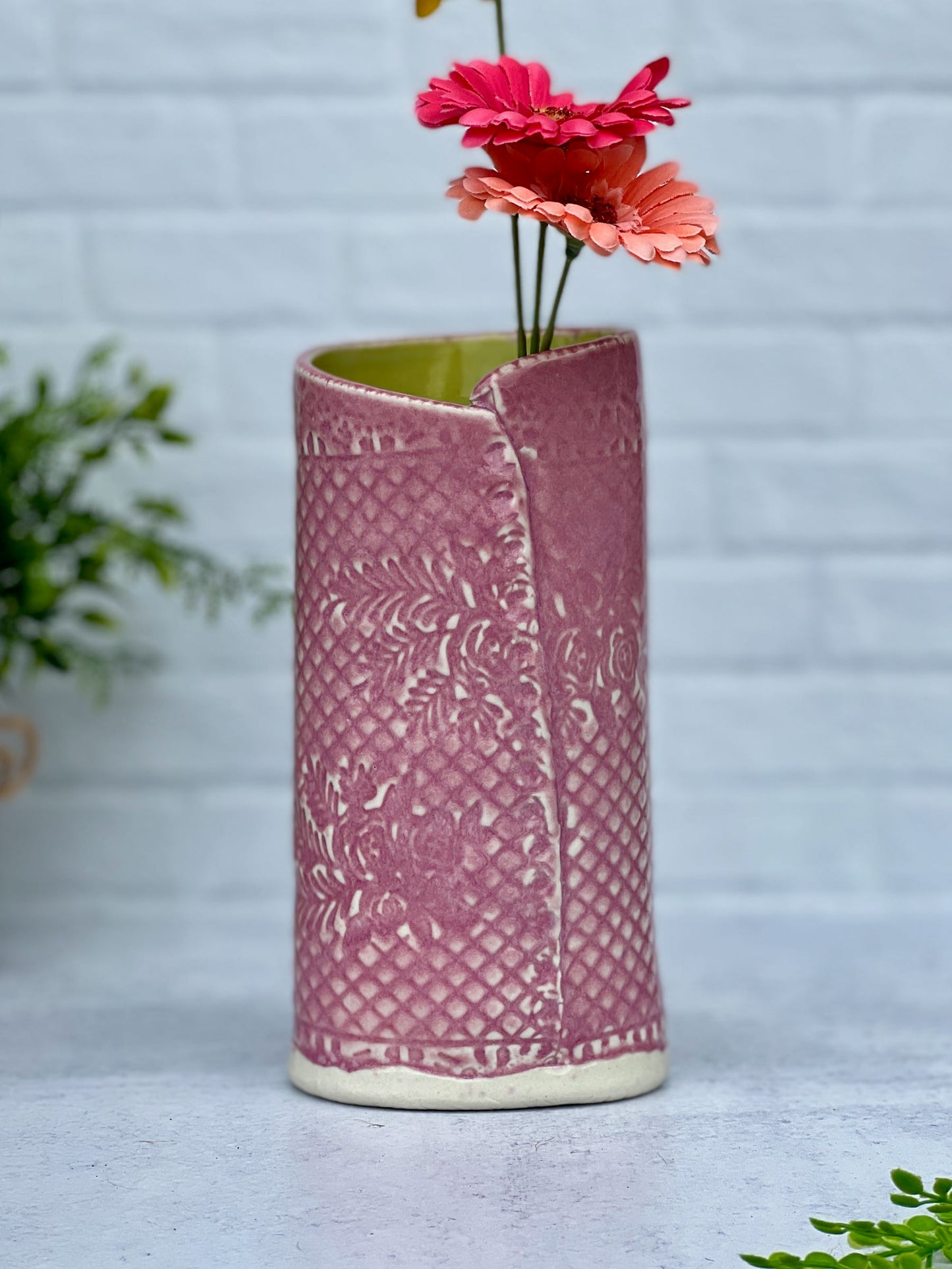 Slab Built Pink and Green Textured Flower Vase