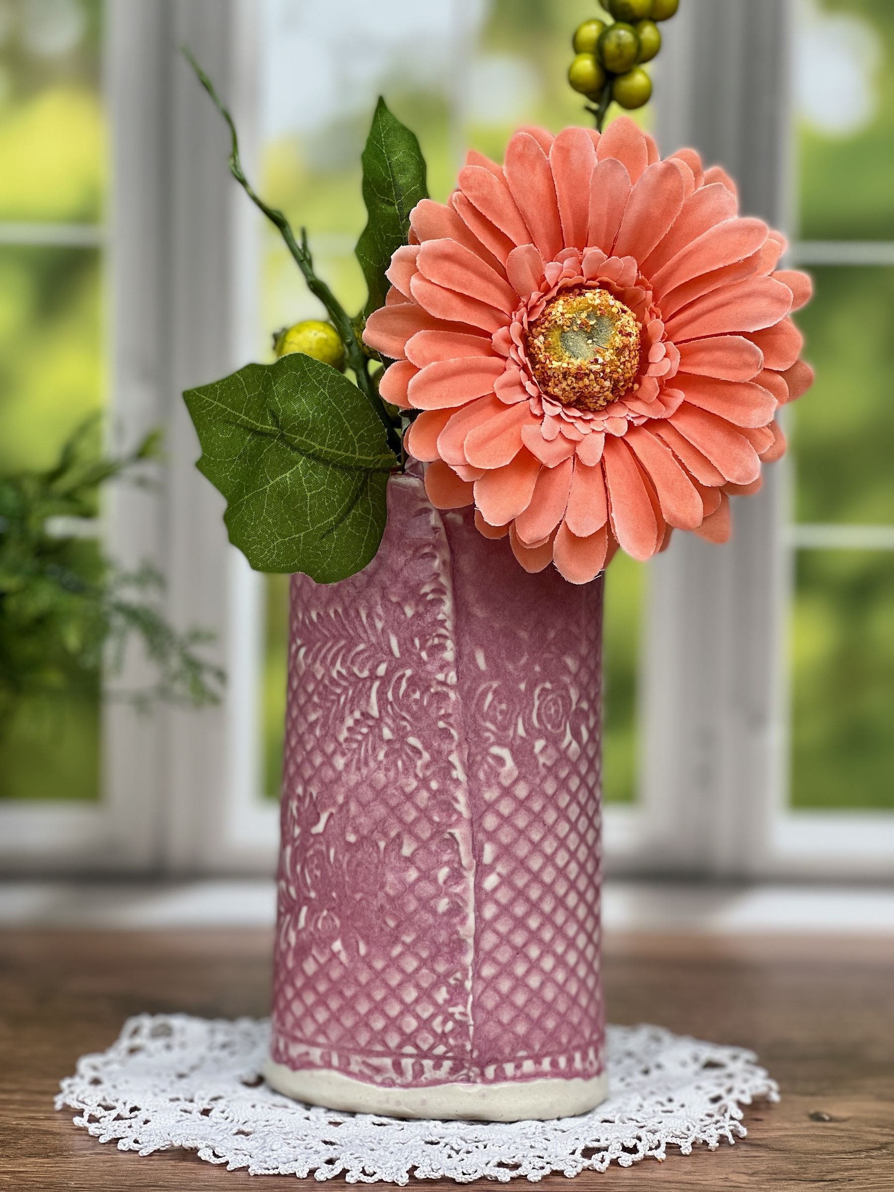 Slab Built Pink and Green Textured Flower Vase