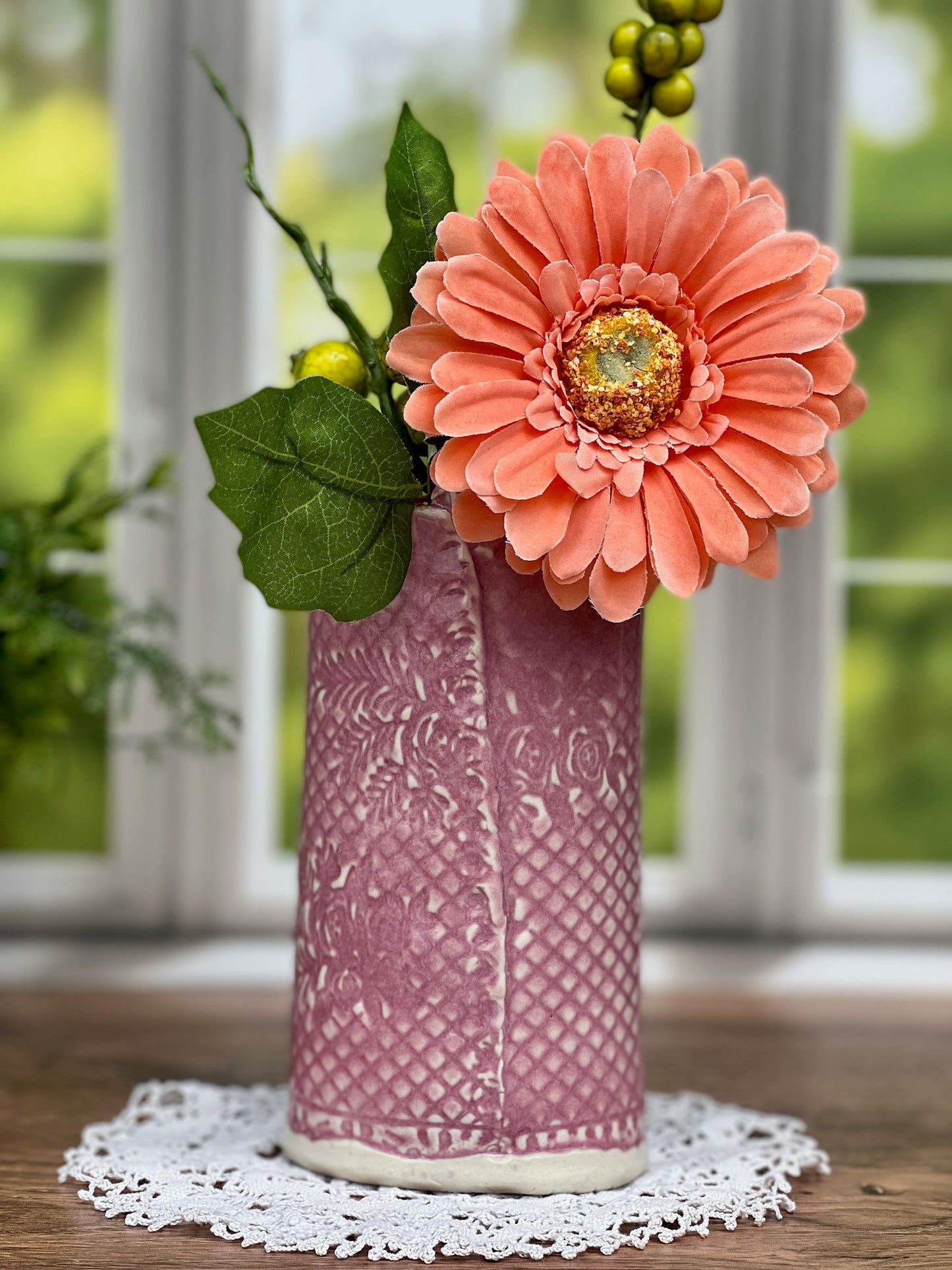 Slab Built Pink and Green Textured Flower Vase