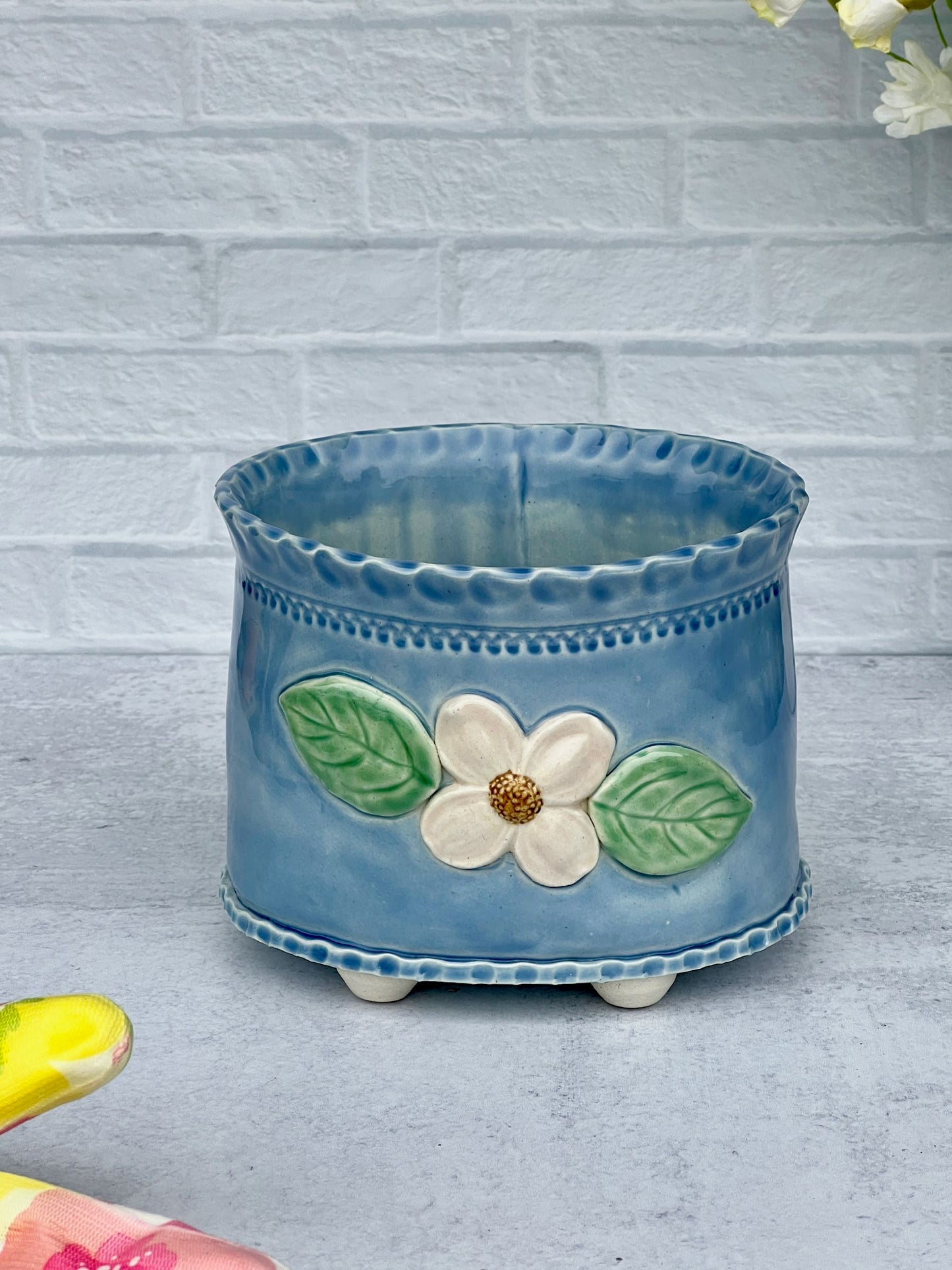 Large Slab-built Oval Sky Blue Glazed Planter With Dogwood Flower design