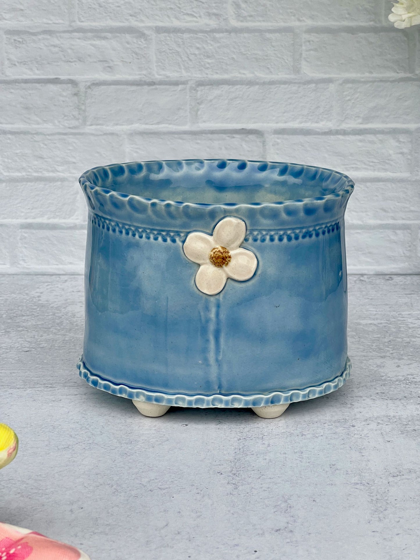 Large Slab-built Oval Sky Blue Glazed Planter With Dogwood Flower design