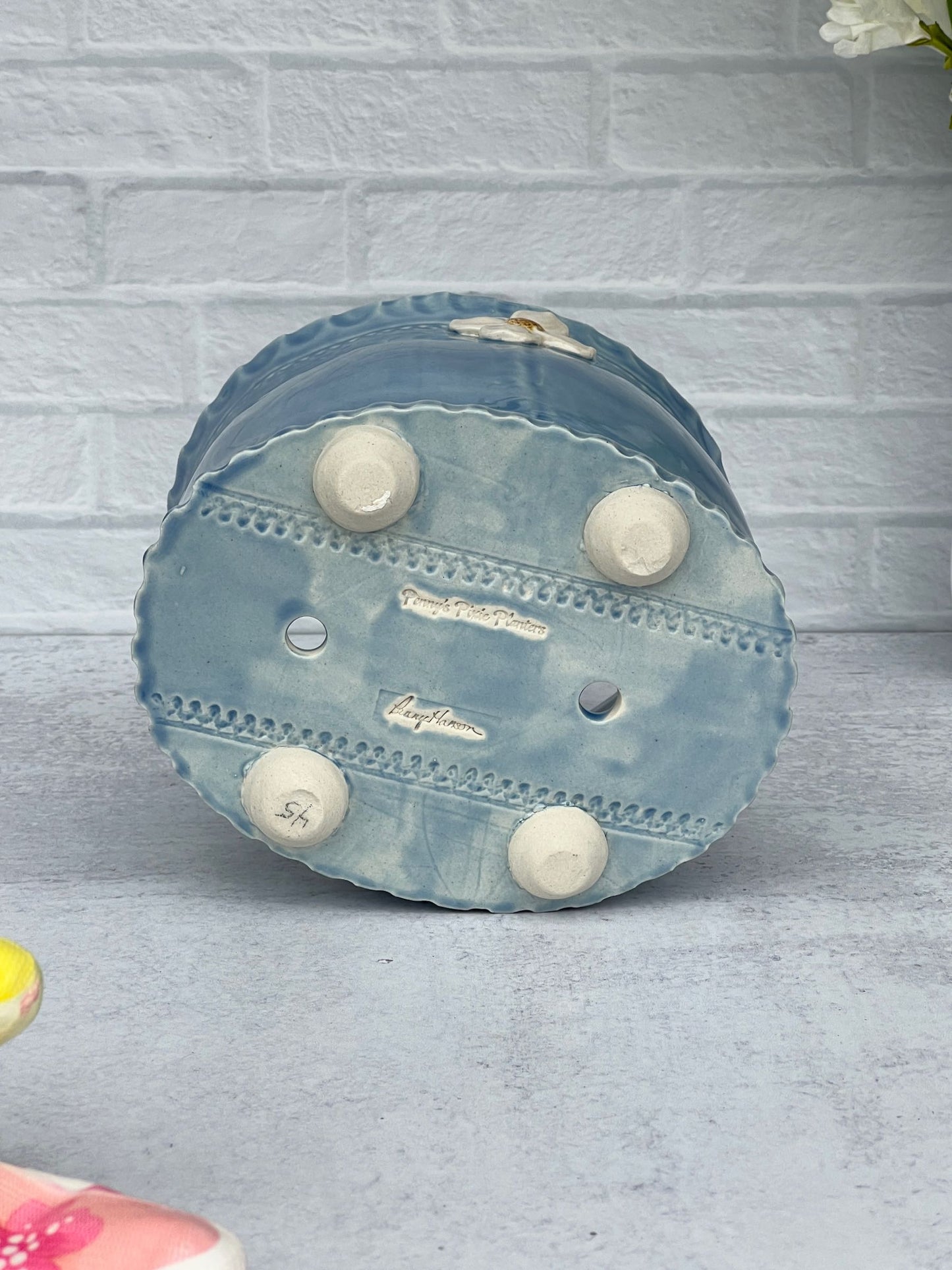 Large Slab-built Oval Sky Blue Glazed Planter With Dogwood Flower design