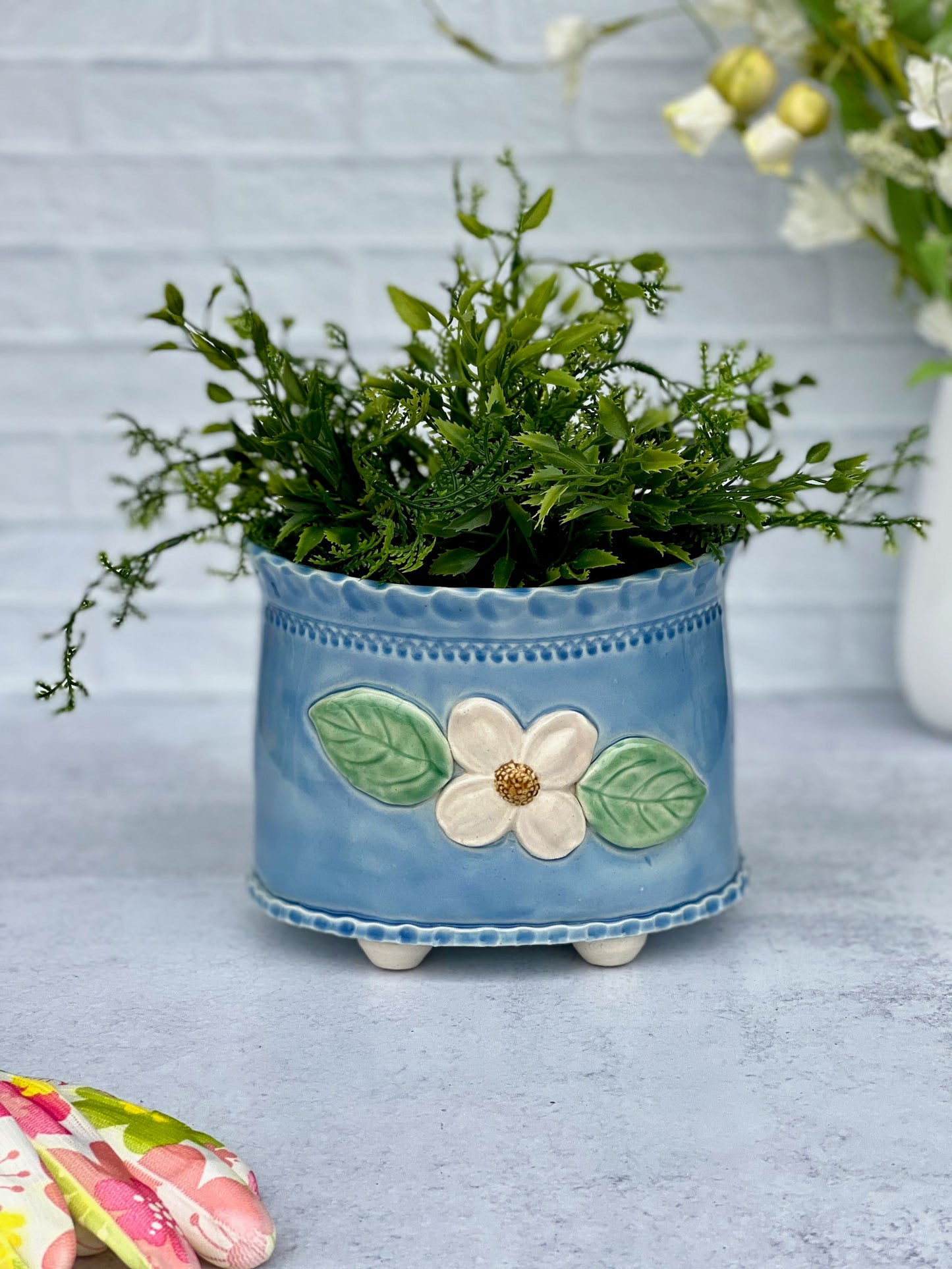 Large Slab-built Oval Sky Blue Glazed Planter With Dogwood Flower design