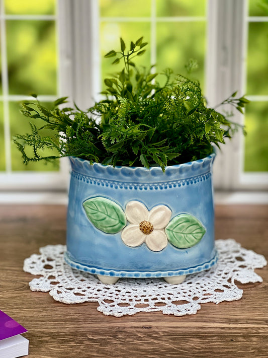 Large Slab-built Oval Sky Blue Glazed Planter With Dogwood Flower design