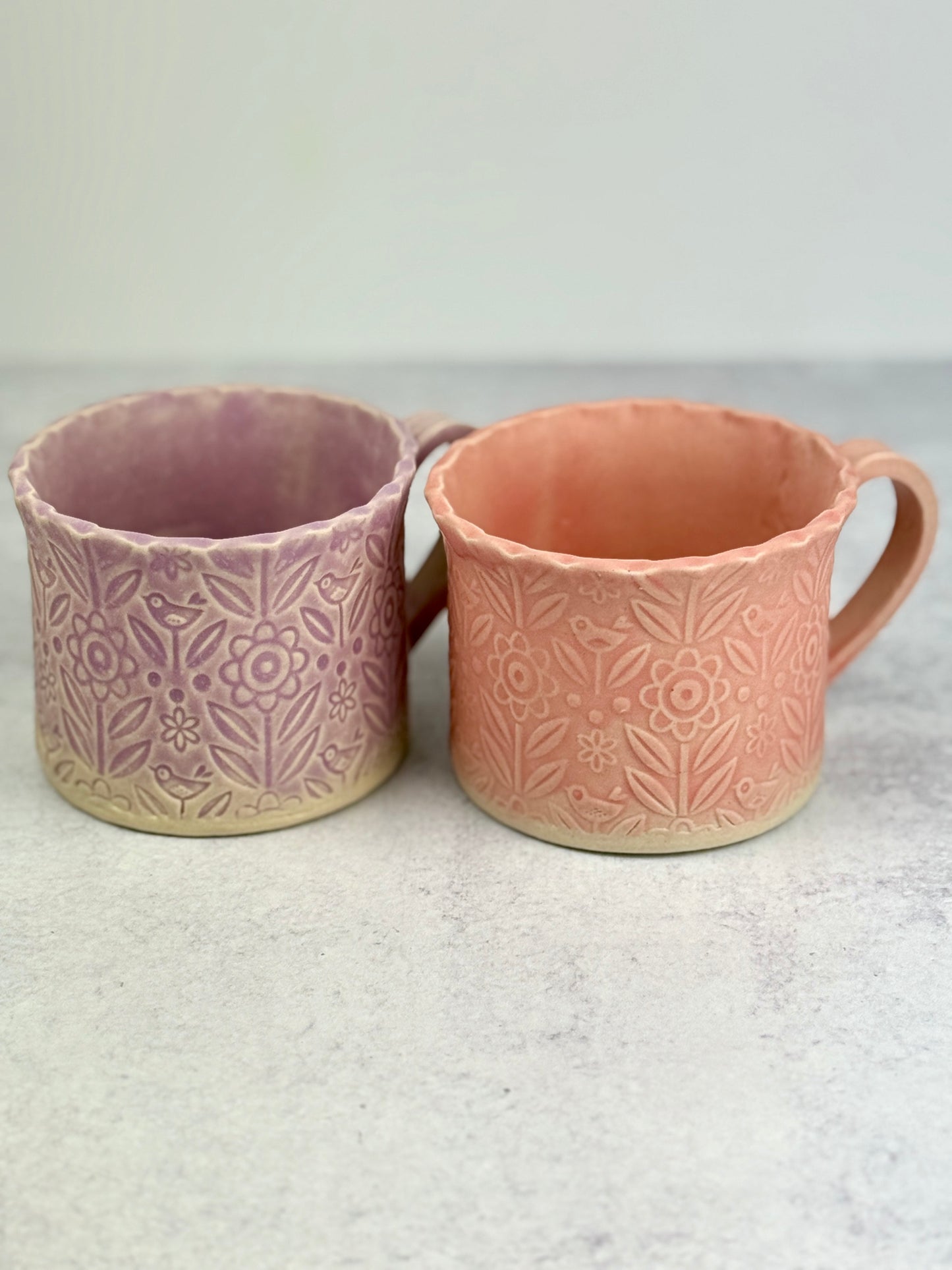 Flower Textured Mugs in Pink or Light Purple