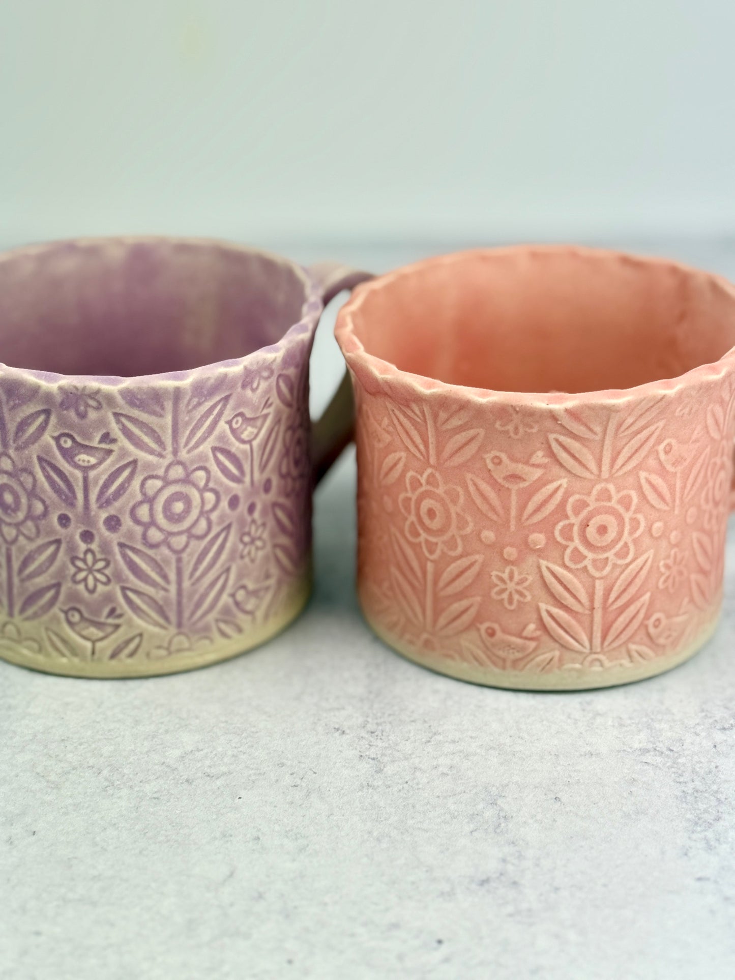 Flower Textured Mugs in Pink or Light Purple