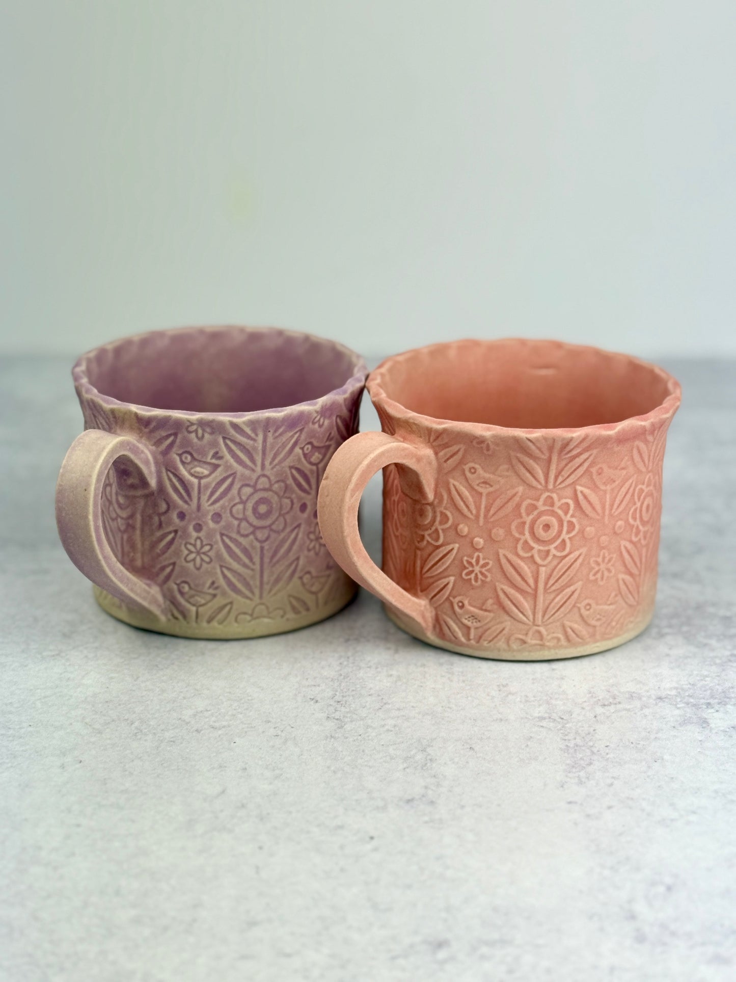 Flower Textured Mugs in Pink or Light Purple