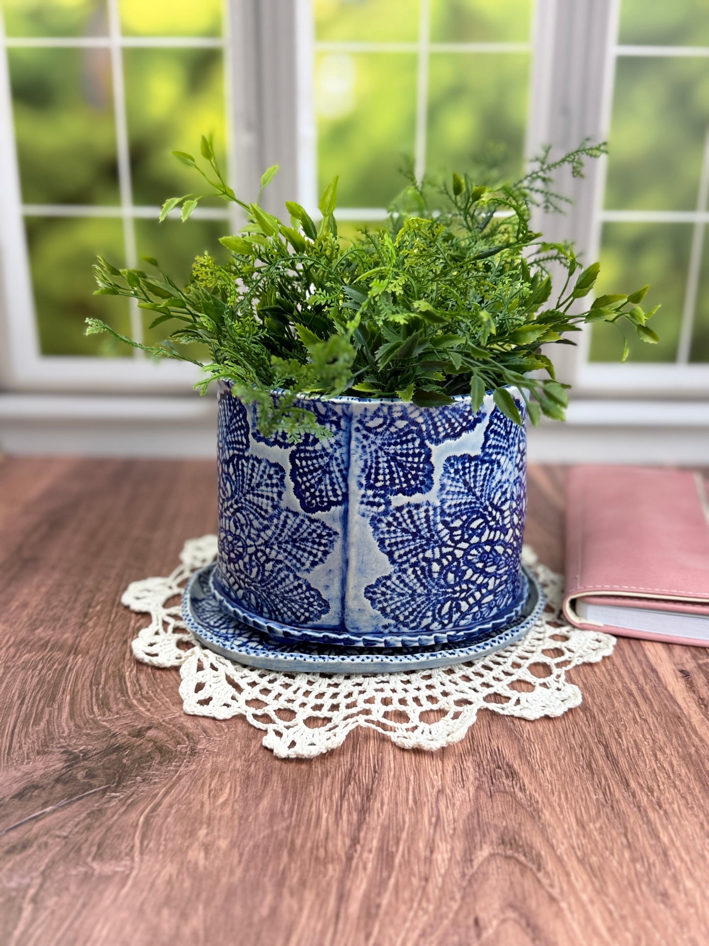 Large Slab-built Oval Sky Blue Glazed Planter With Lace Doily design (Copy)