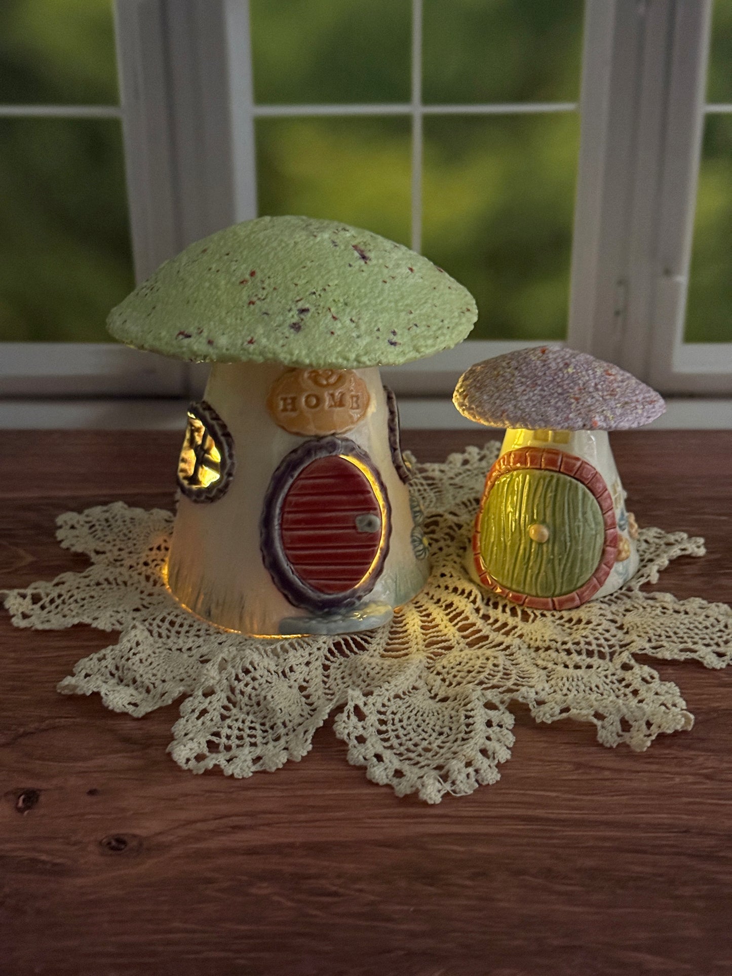 Miniature Green and Purple Roofed Mushroom Houses