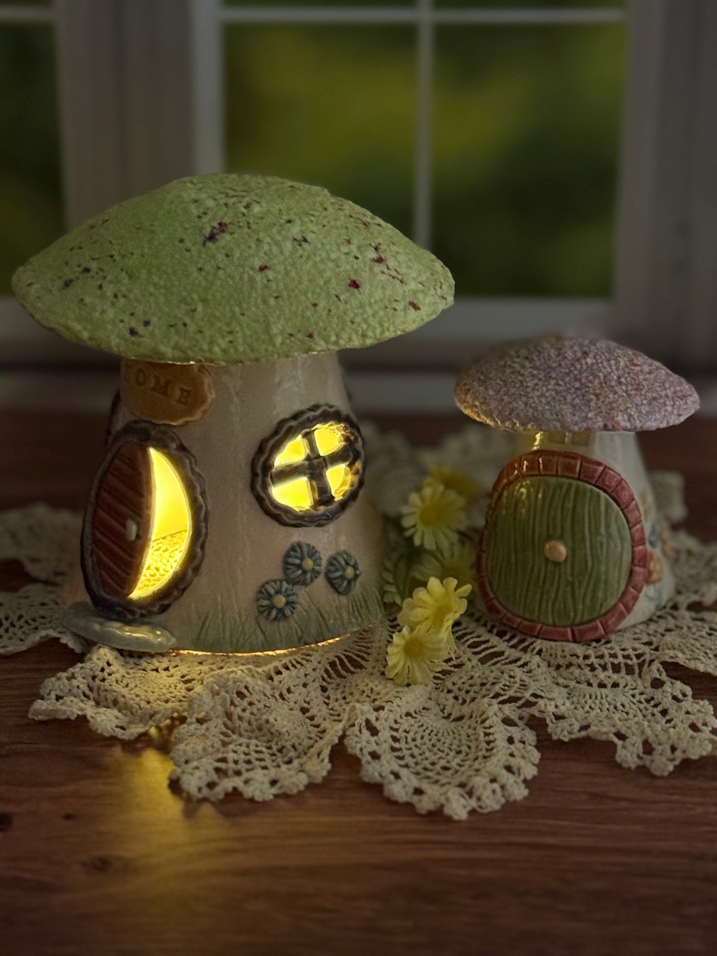Miniature Green and Purple Roofed Mushroom Houses