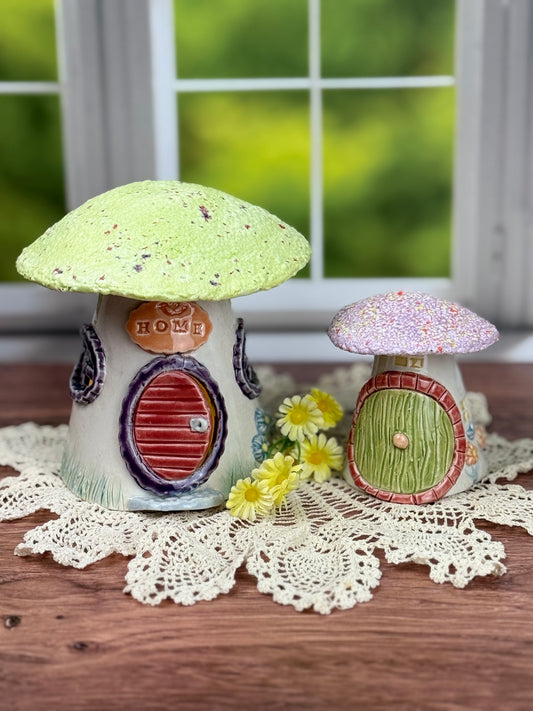 Miniature Green and Purple Roofed Mushroom Houses