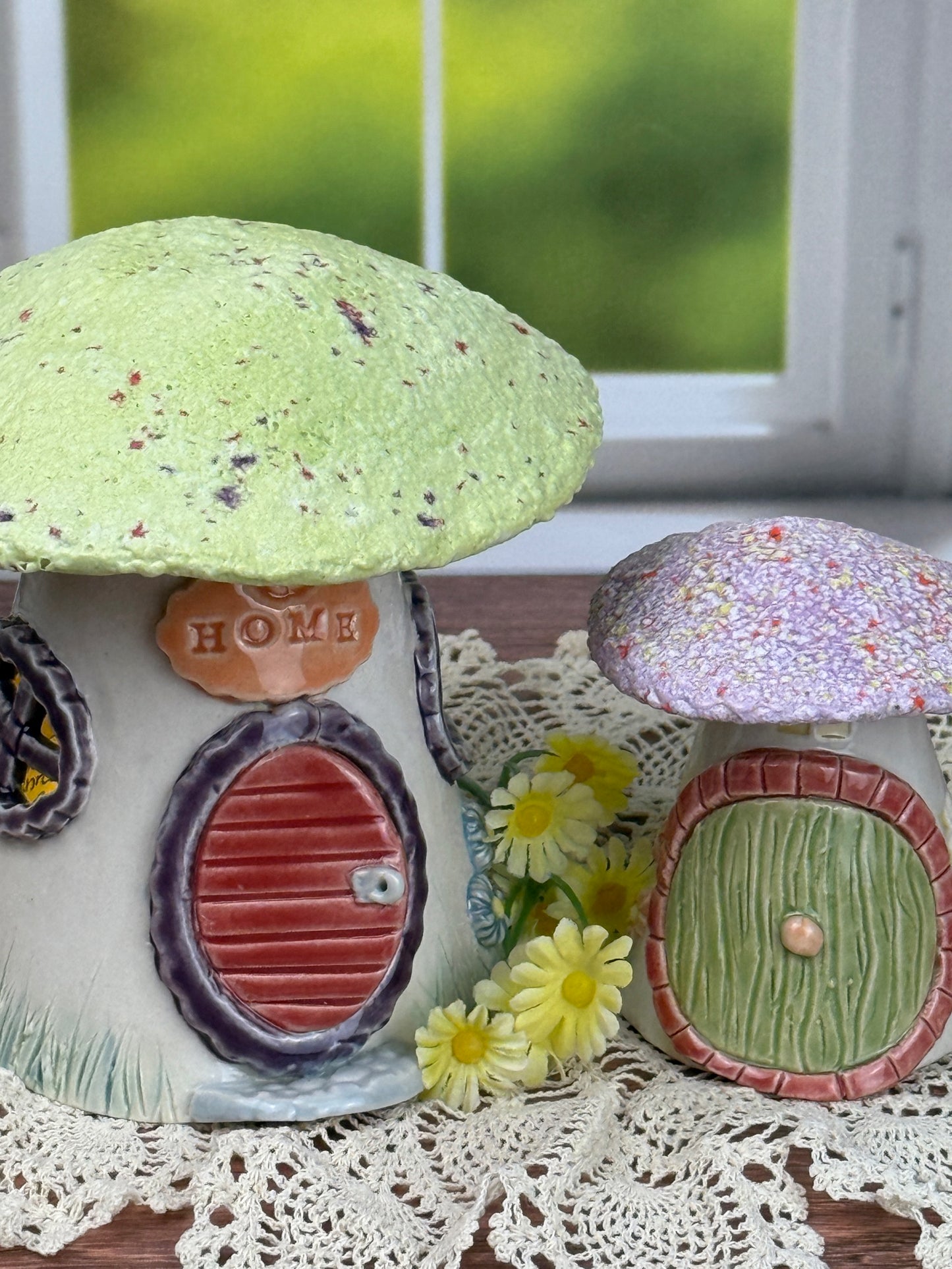 Miniature Green and Purple Roofed Mushroom Houses