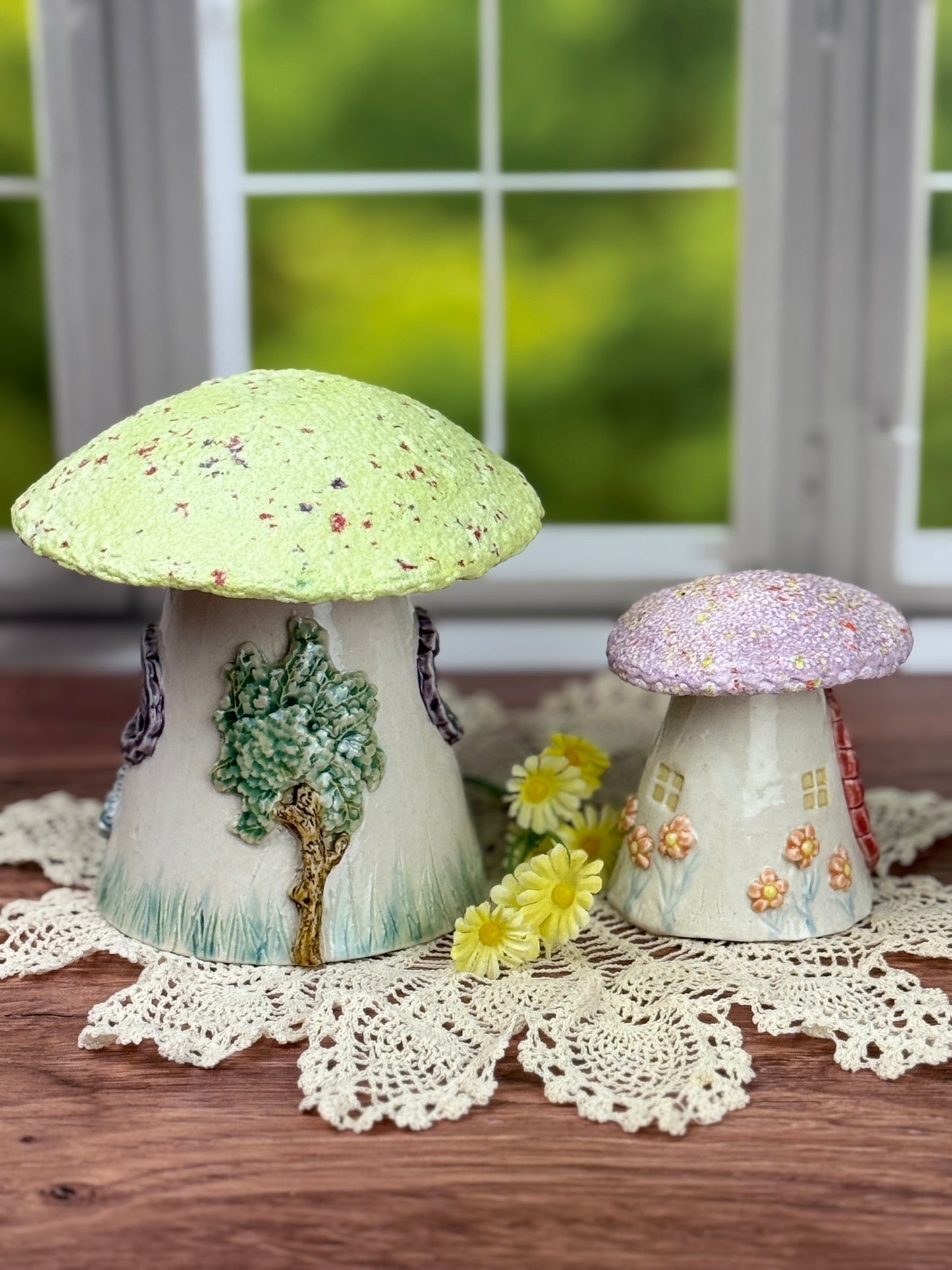 Miniature Green and Purple Roofed Mushroom Houses
