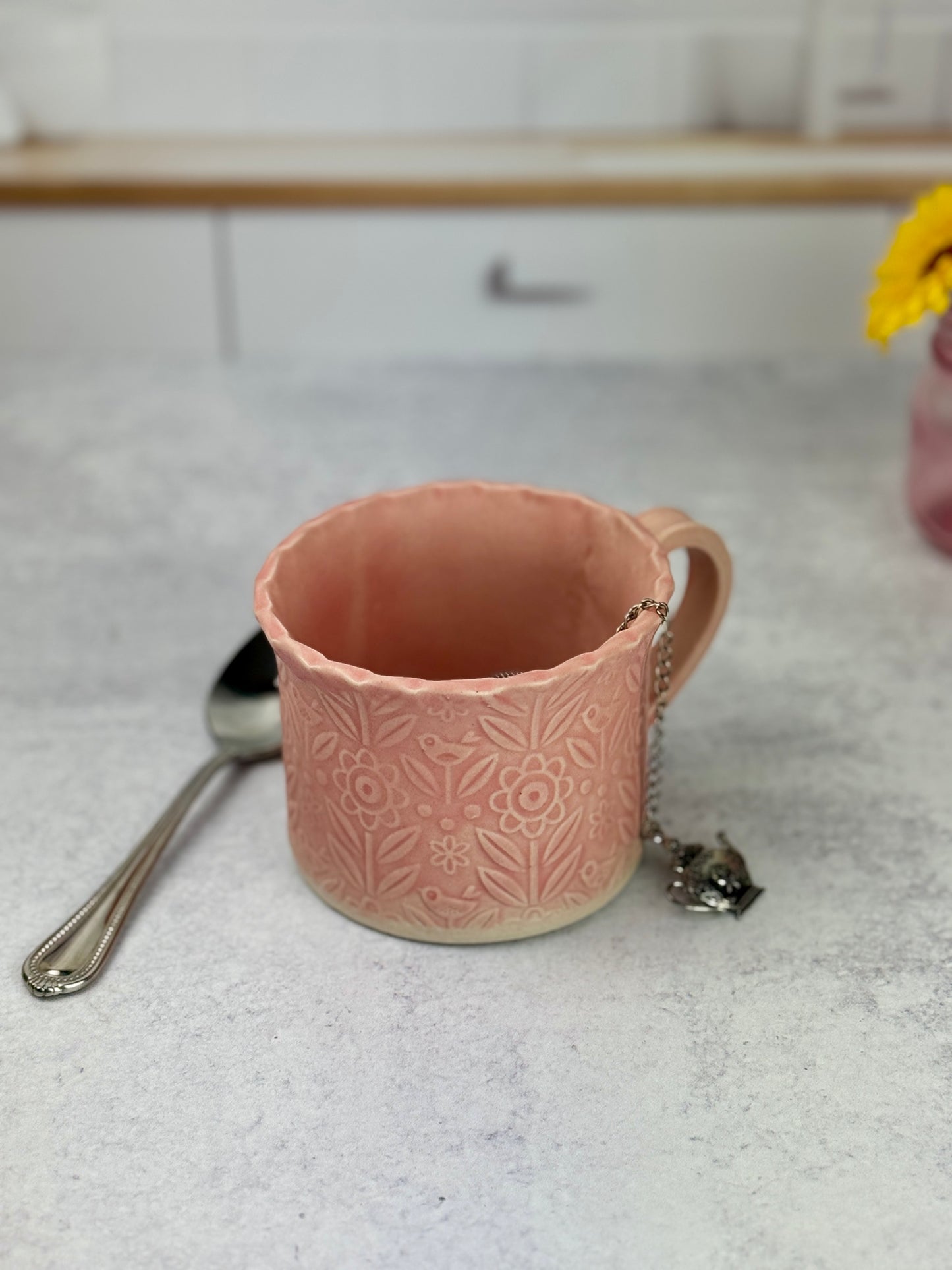 Flower Textured Mugs in Pink or Light Purple