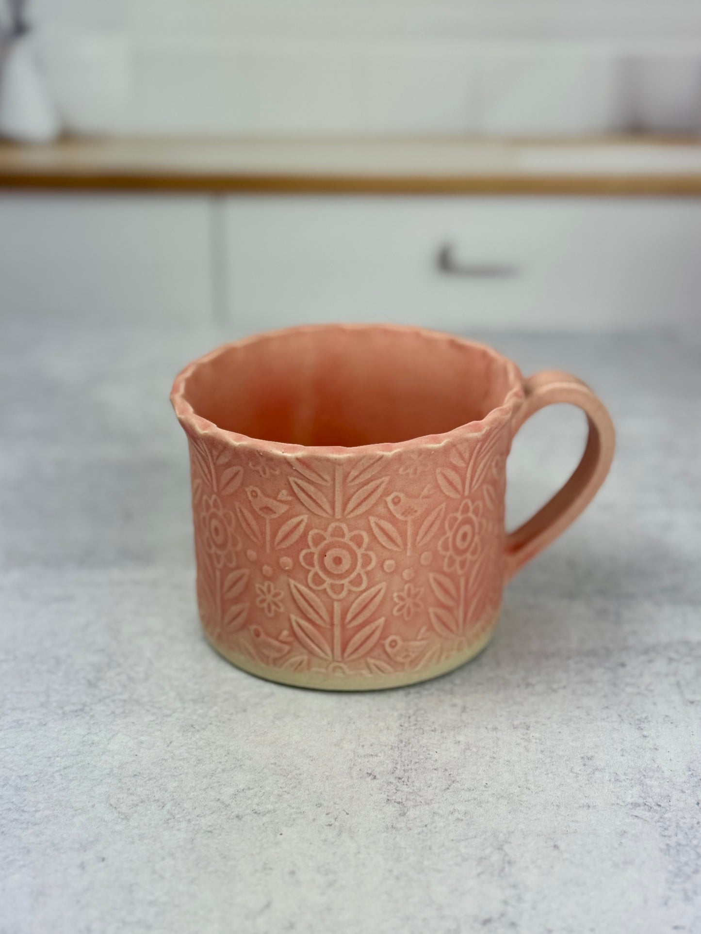 Flower Textured Mugs in Pink or Light Purple