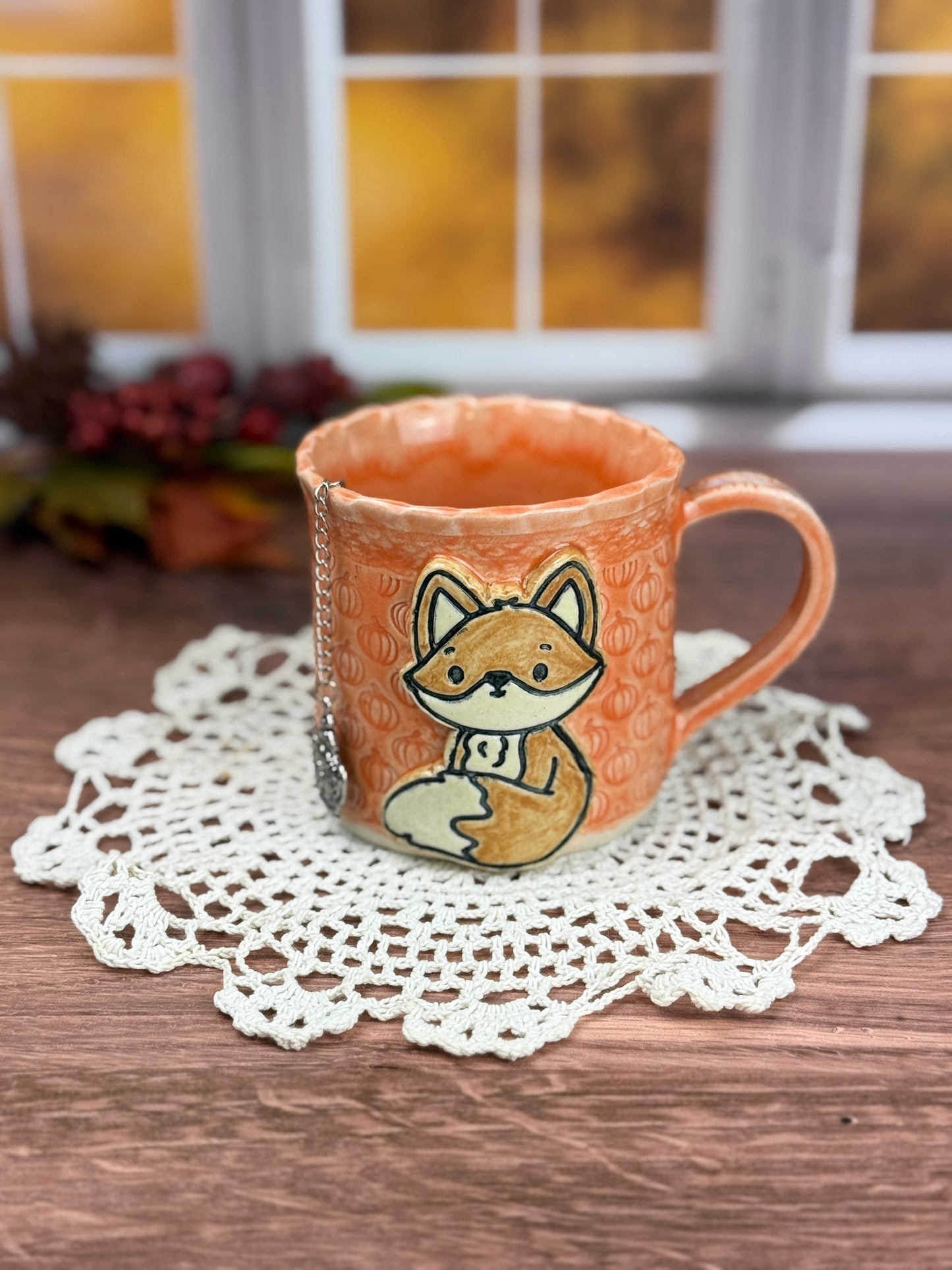 Orange Pumpkin Textured Mug With A Fox Design