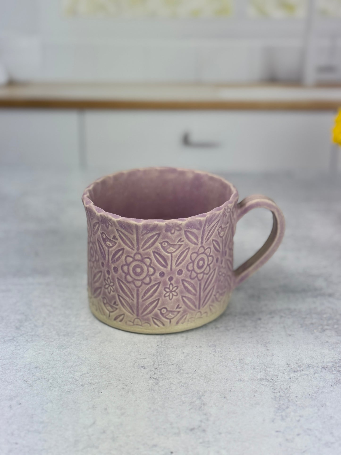 Flower Textured Mugs in Pink or Light Purple