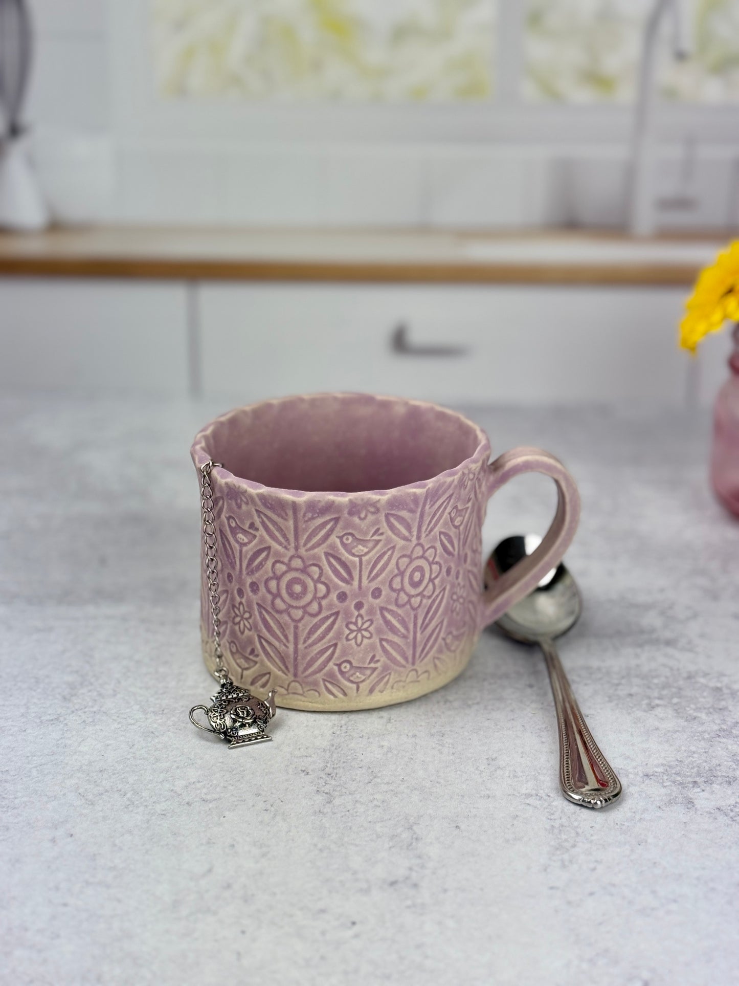 Flower Textured Mugs in Pink or Light Purple