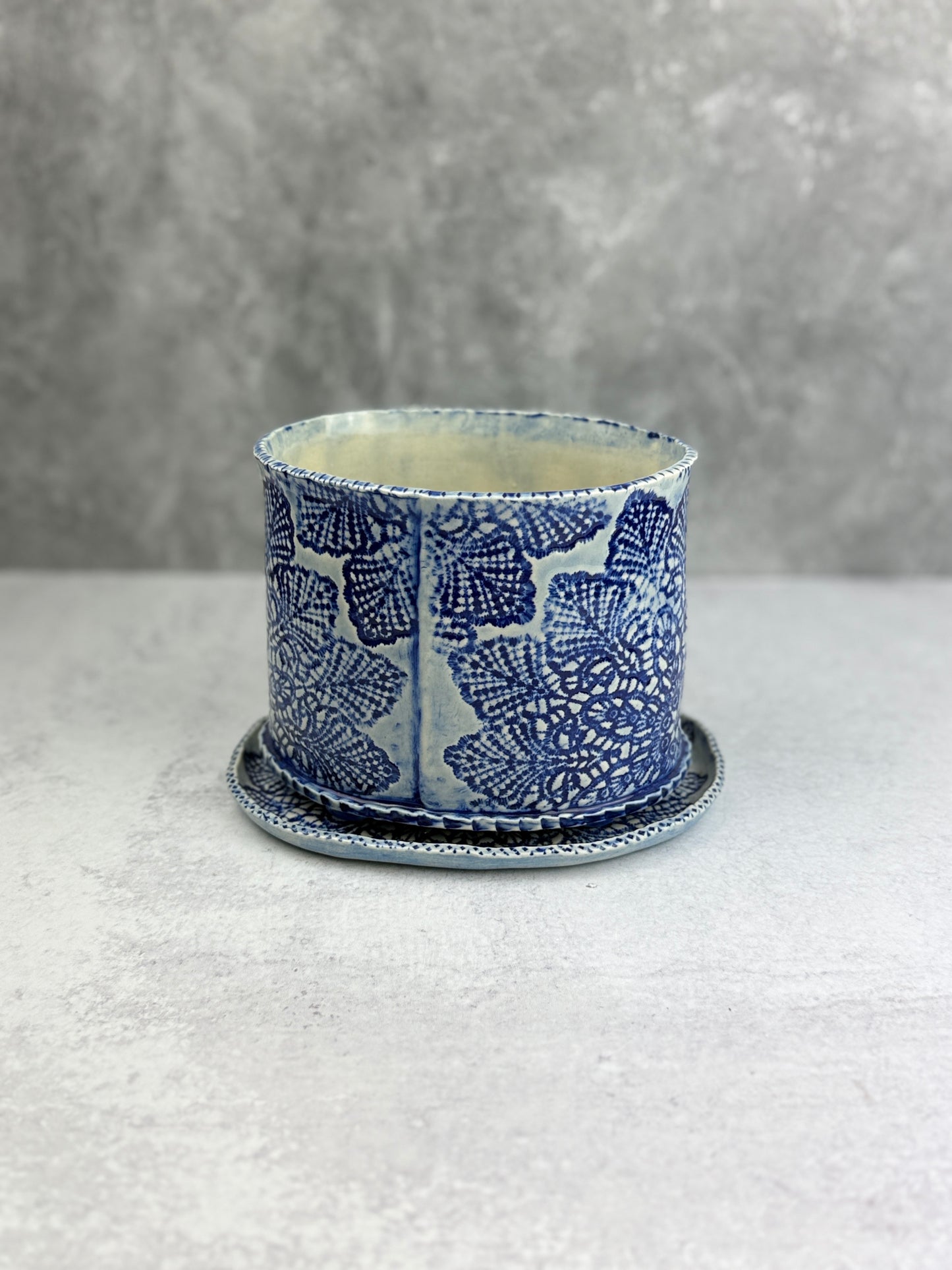 Large Slab-built Oval Sky Blue Glazed Planter With Lace Doily design (Copy)
