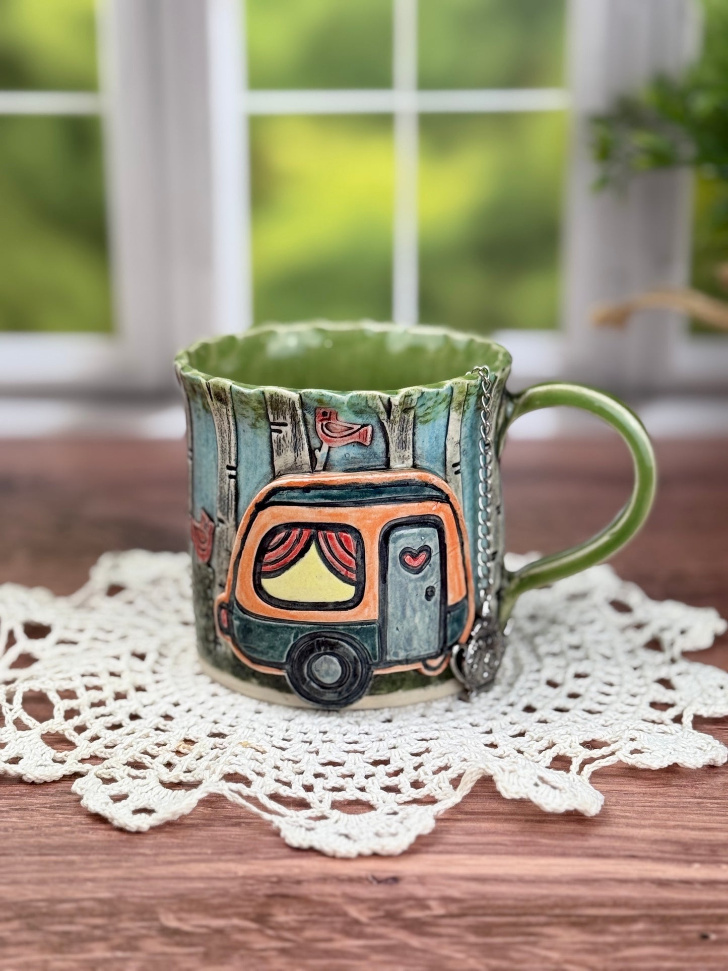Birch Tree Background Mug With Cardinals and Camper Design