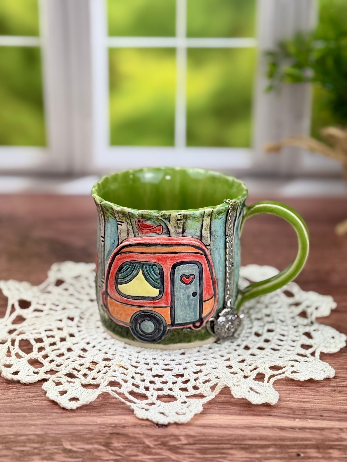 Birch Tree Background Mug With Cardinals and Camper Design