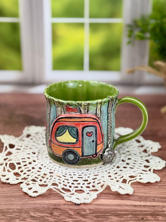 Birch Tree Background Mug With Cardinals and Camper Design