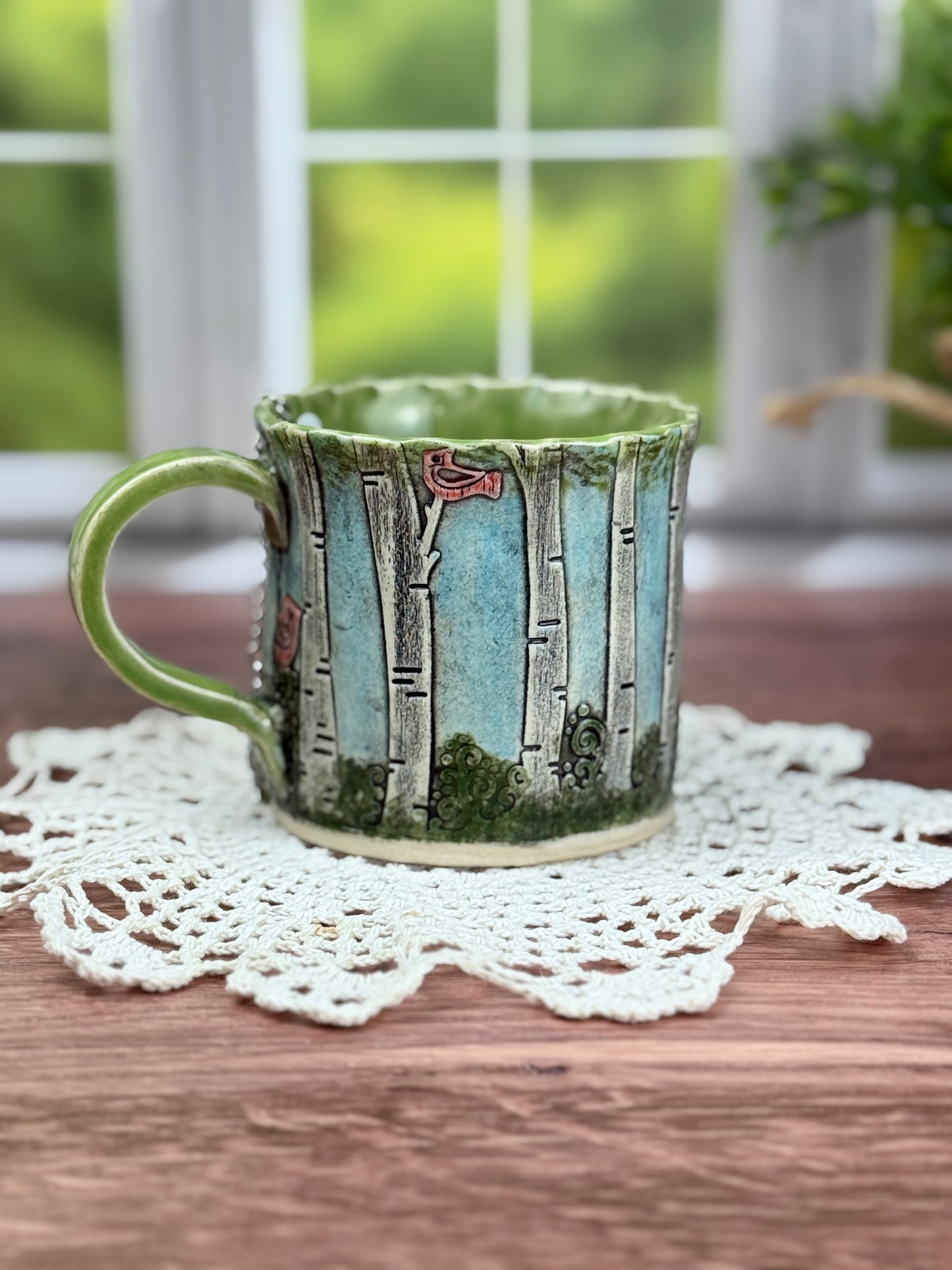 Birch Tree Background Mug With Cardinals and Camper Design