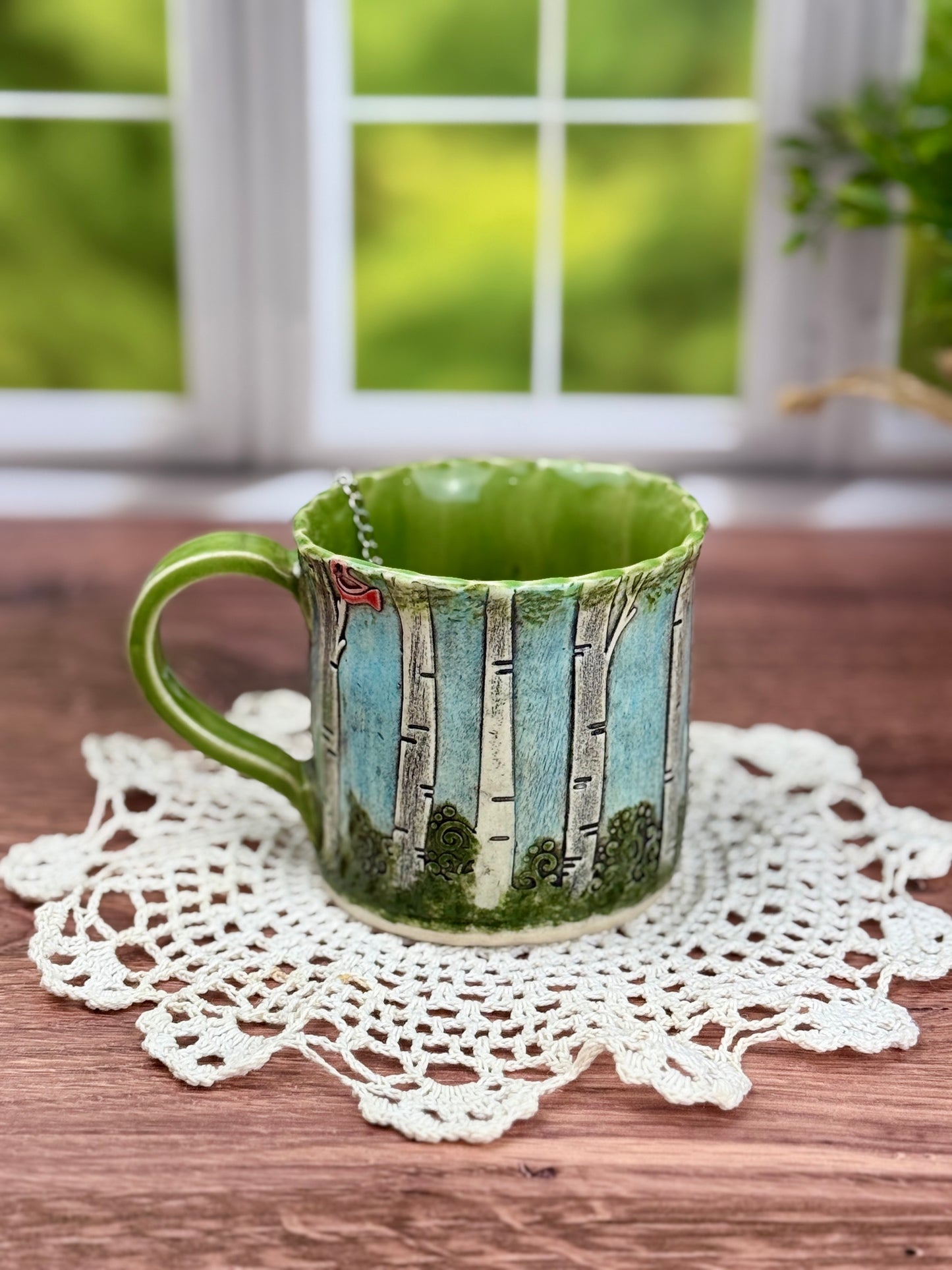 Birch Tree Background Mug With Cardinals and Camper Design