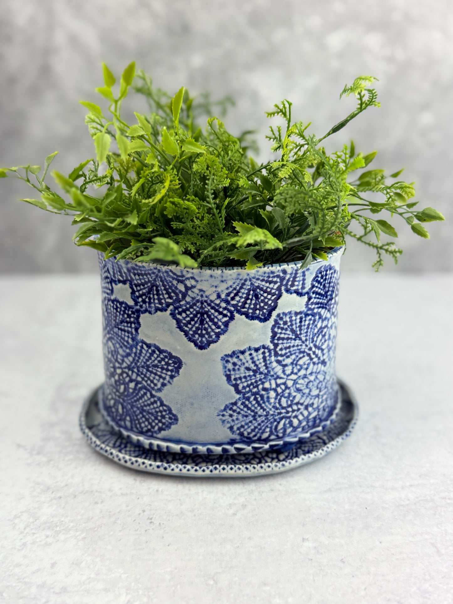 Large Slab-built Oval Sky Blue Glazed Planter With Lace Doily design (Copy)