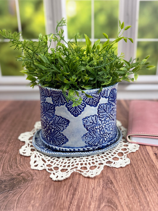 Large Slab-built Oval Sky Blue Glazed Planter With Lace Doily design (Copy)
