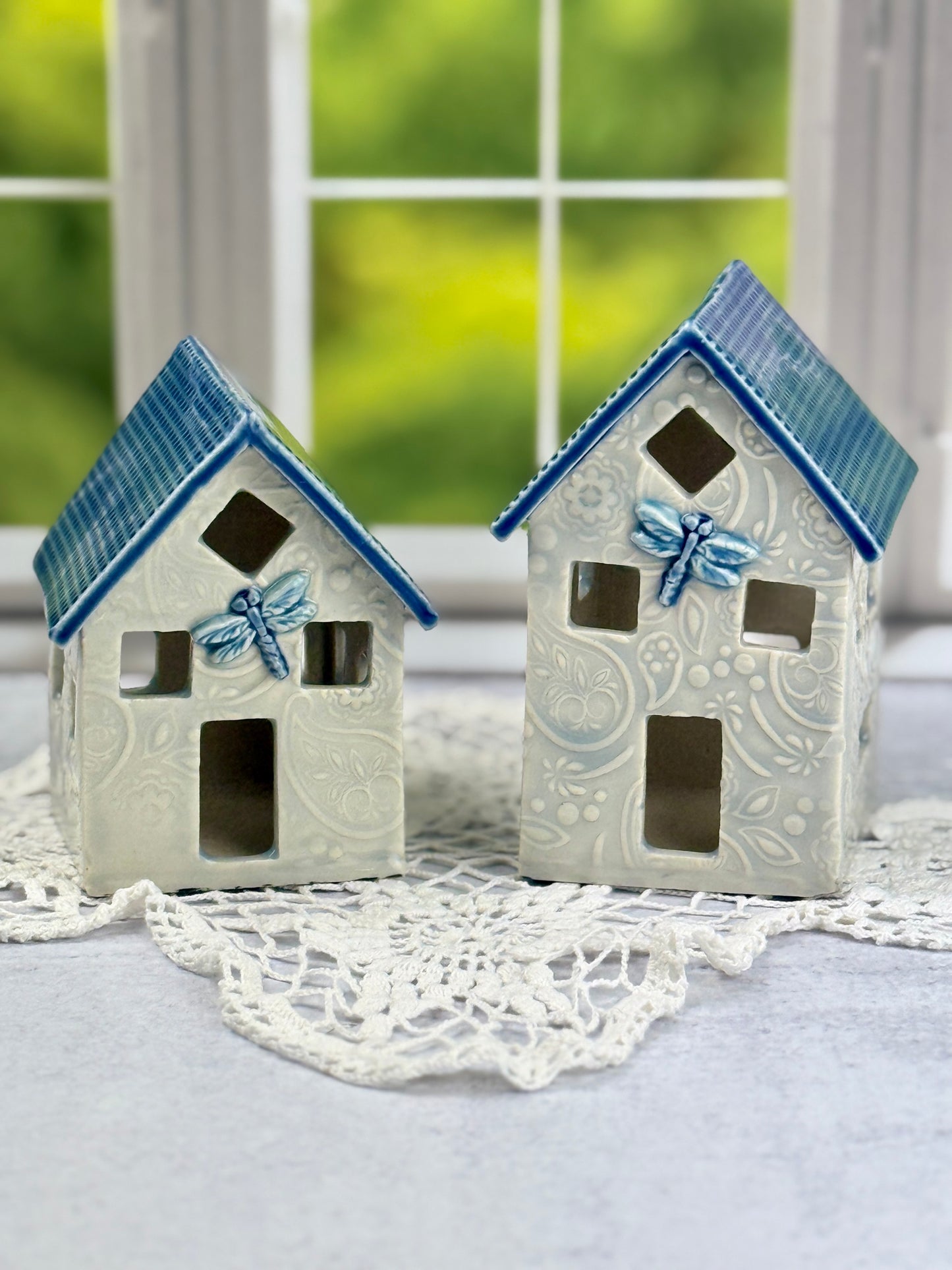 Ceramic Handmade House Luminaries with Glacier Blue Glaze