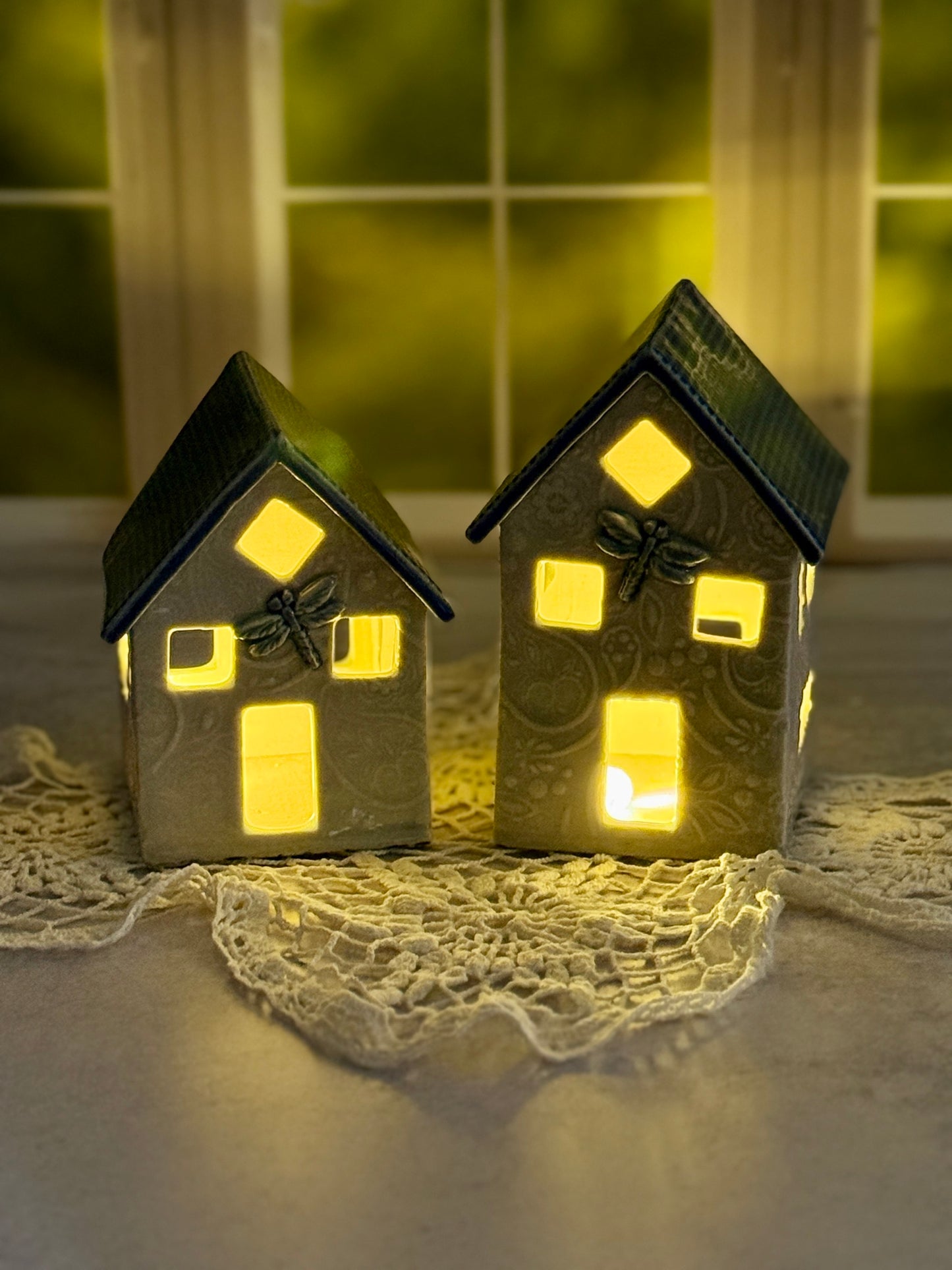 Ceramic Handmade House Luminaries with Glacier Blue Glaze