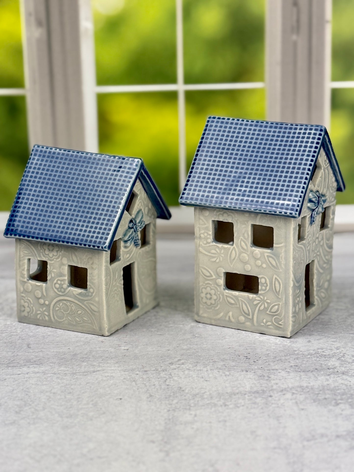 Ceramic Handmade House Luminaries with Glacier Blue Glaze
