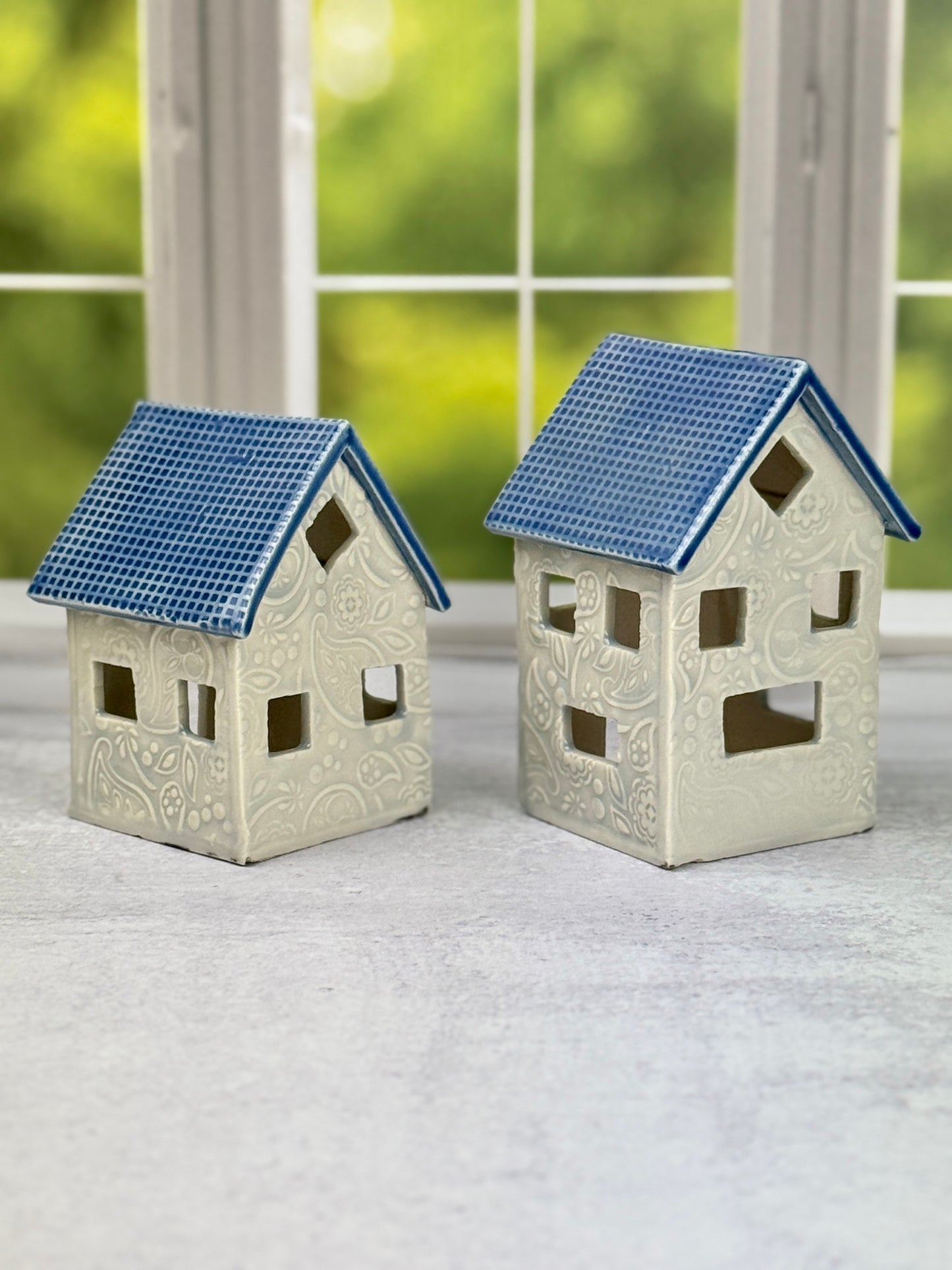 Ceramic Handmade House Luminaries with Glacier Blue Glaze