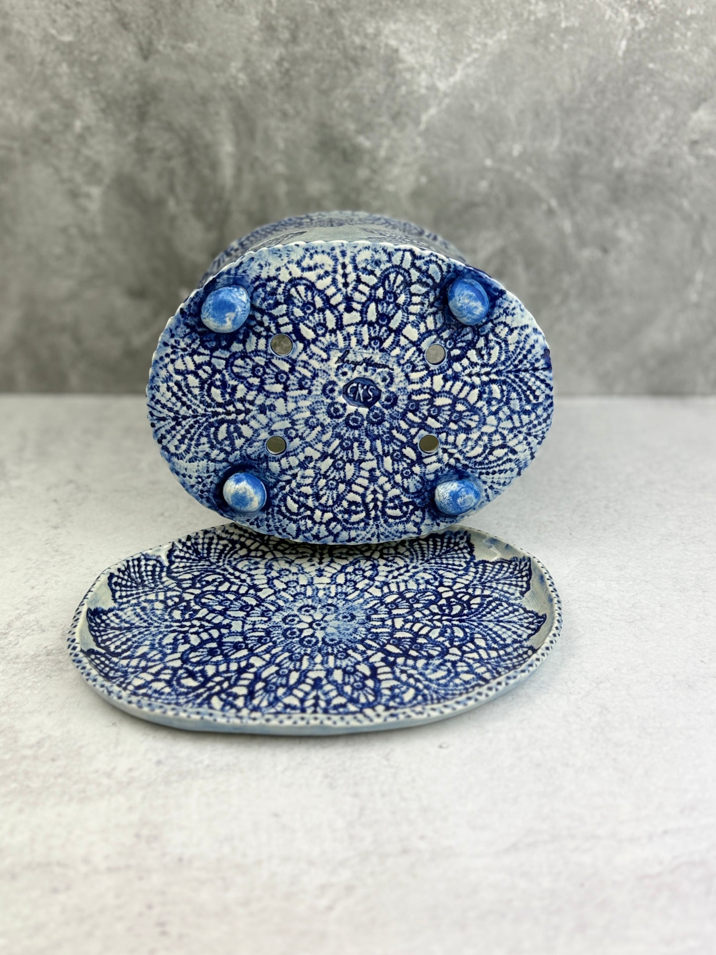 Large Slab-built Oval Sky Blue Glazed Planter With Lace Doily design (Copy)