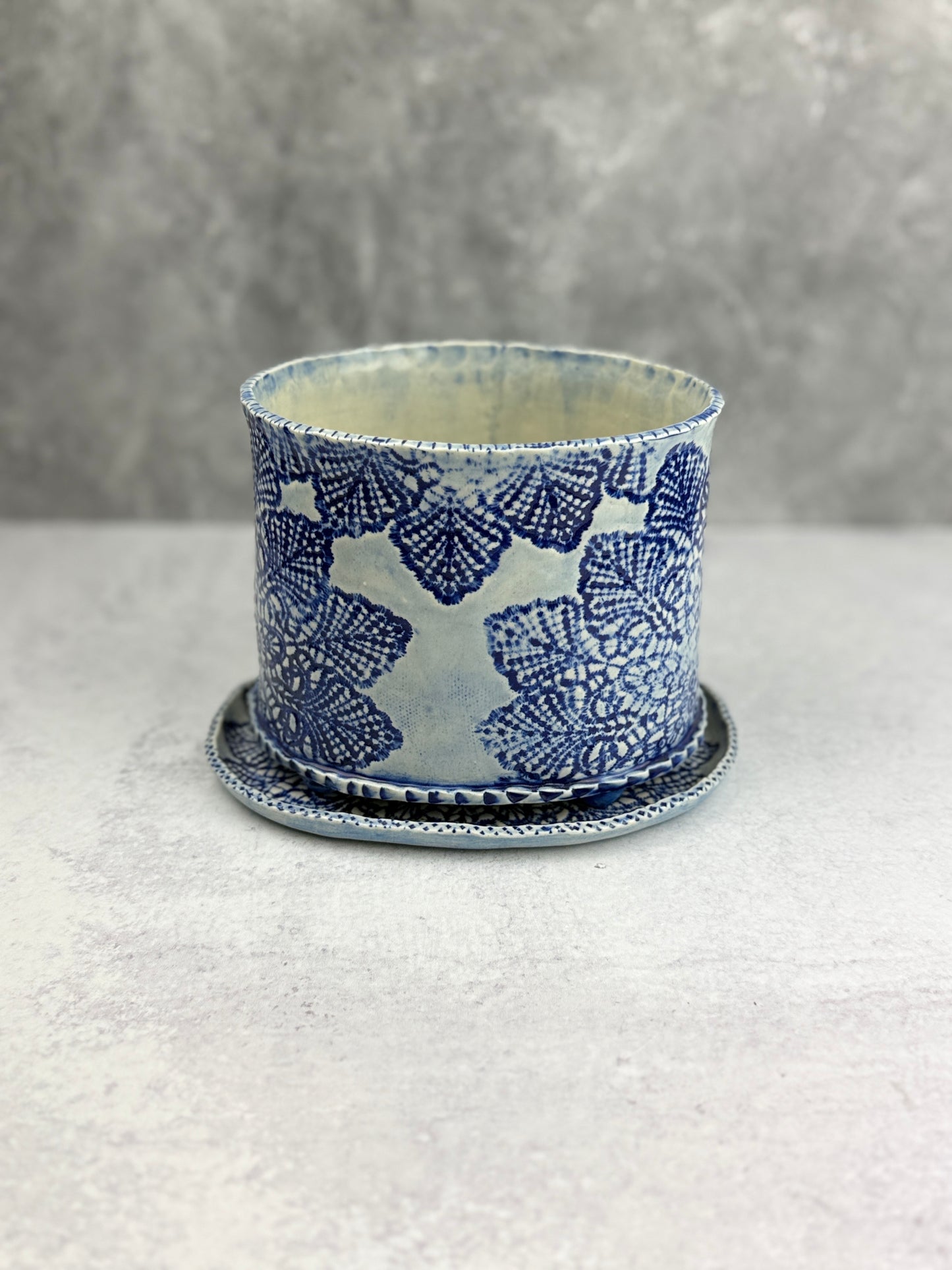 Large Slab-built Oval Sky Blue Glazed Planter With Lace Doily design (Copy)