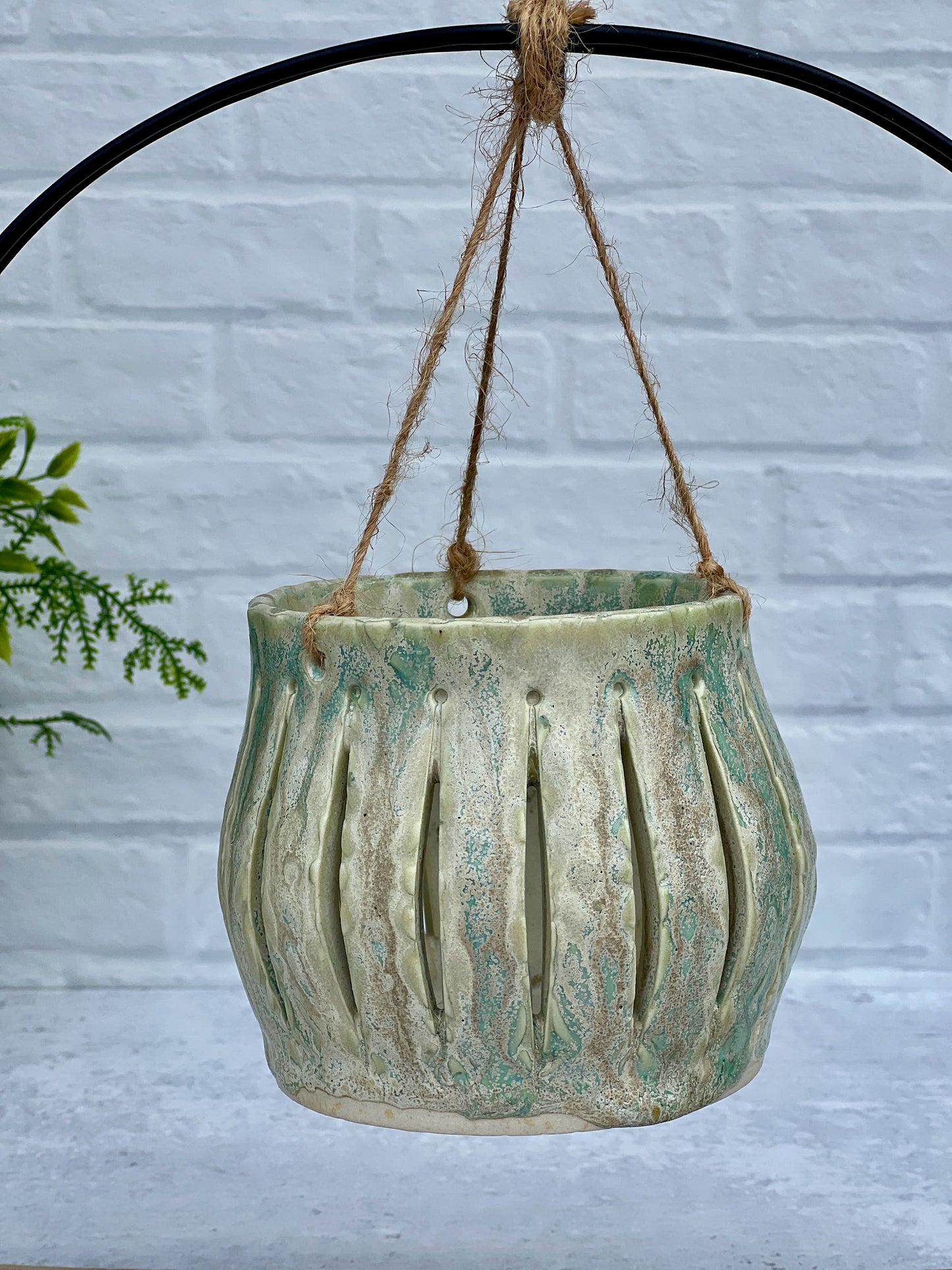 Ceramic Textured Lantern with Sea Salt and Green Tea Glaze