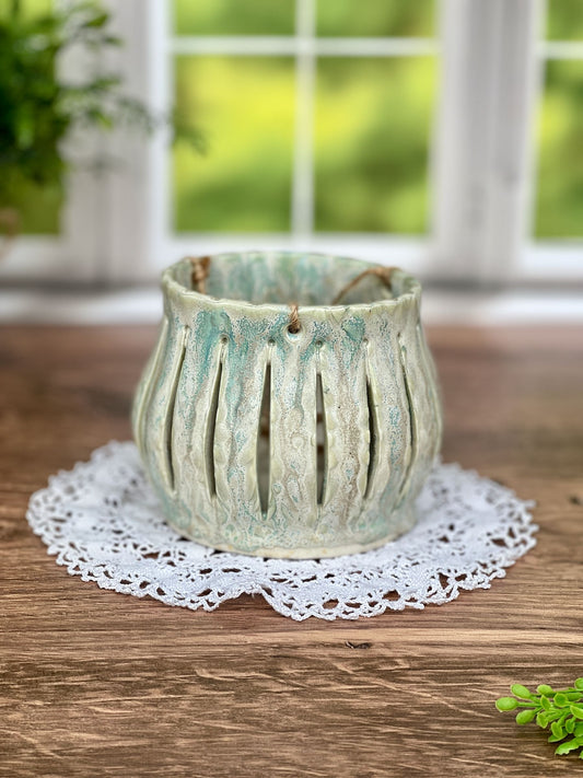 Ceramic Textured Lantern with Sea Salt and Green Tea Glaze