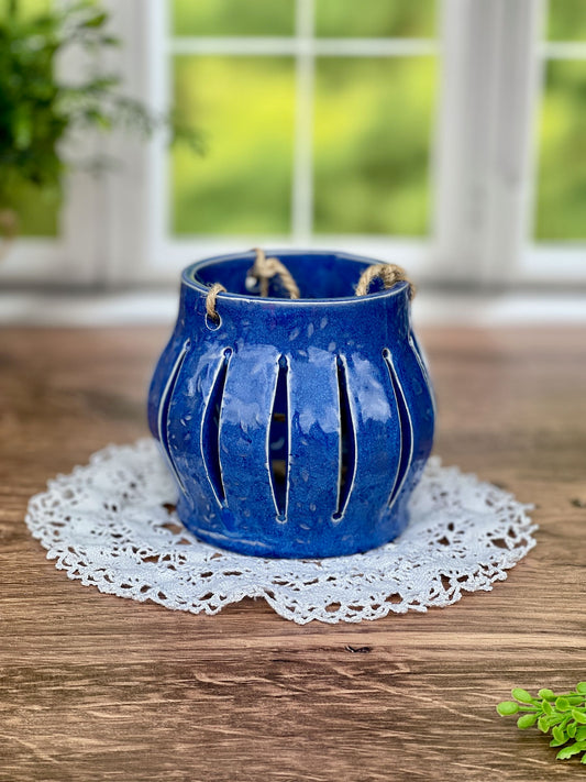 Ceramic Textured Lantern with Indigo Float Glaze