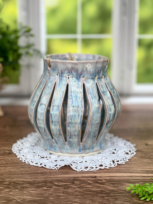 Large Ceramic Lantern with a Creamy Light Blue Glaze